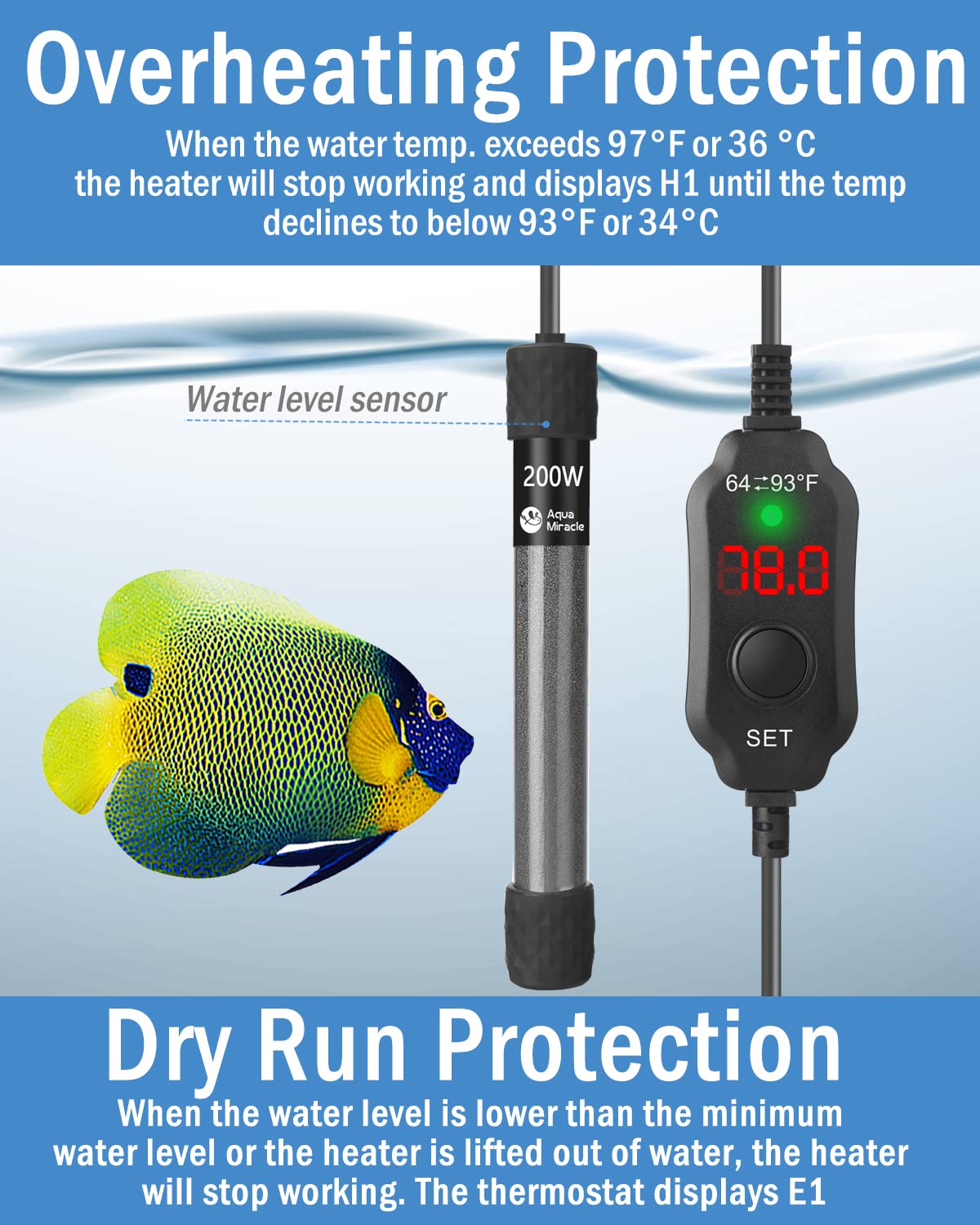 Aquamiracle Adjustable 200W Aquarium Heater Submersible Fish Tank Heater Super Short Aquarium Heater With Led Digital Display Thermostat, For Tanks 20-40 Gallons