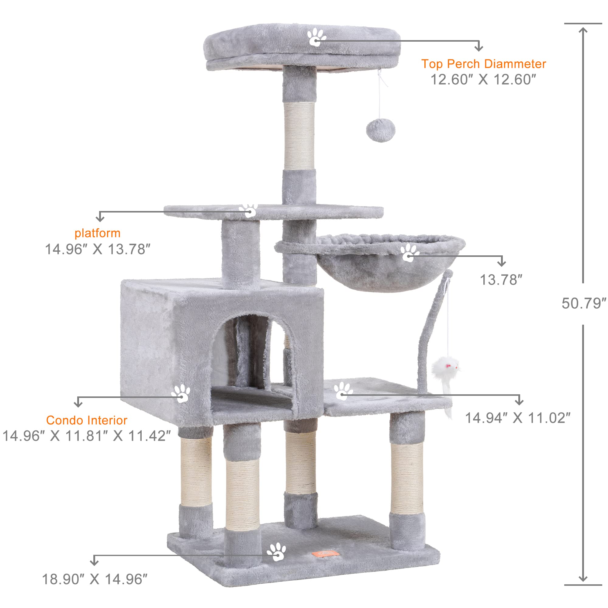 Heybly Cat Tree With Toy, Cat Tower Condo For Indoor Cats, Cat House With Padded Plush Perch, Cozy Hammock And Sisal Scratching
