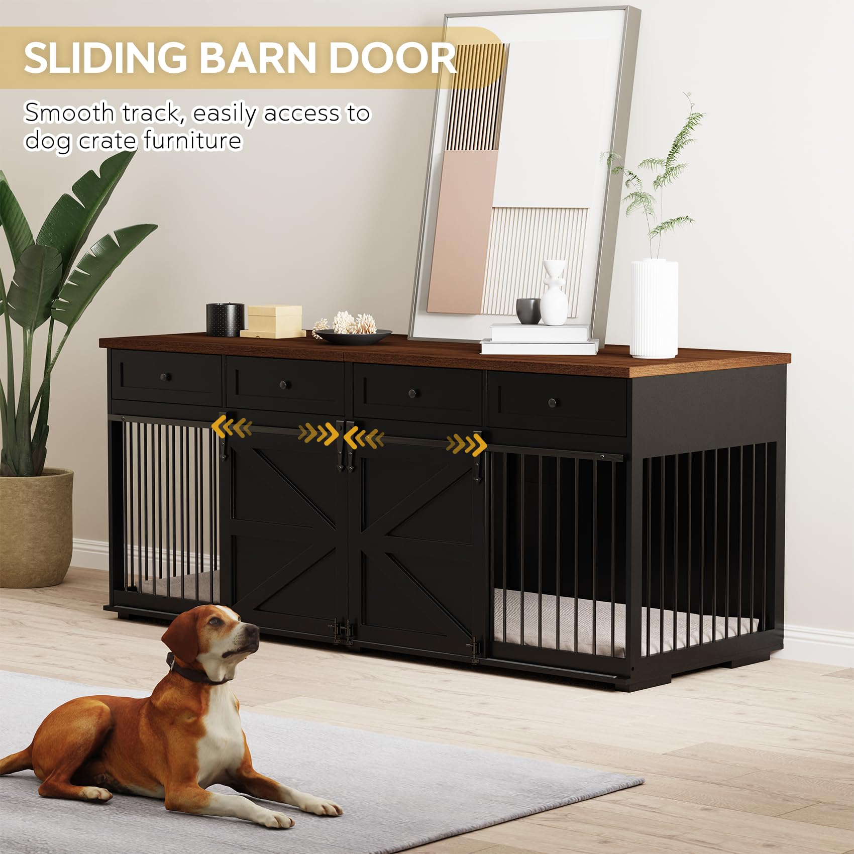 Furniture Style Dog Crate - Indoor Wooden Dog Kennel Furniture With 4 Drawers & 2 Sliding Barn Doors - For Small Medium Large Do