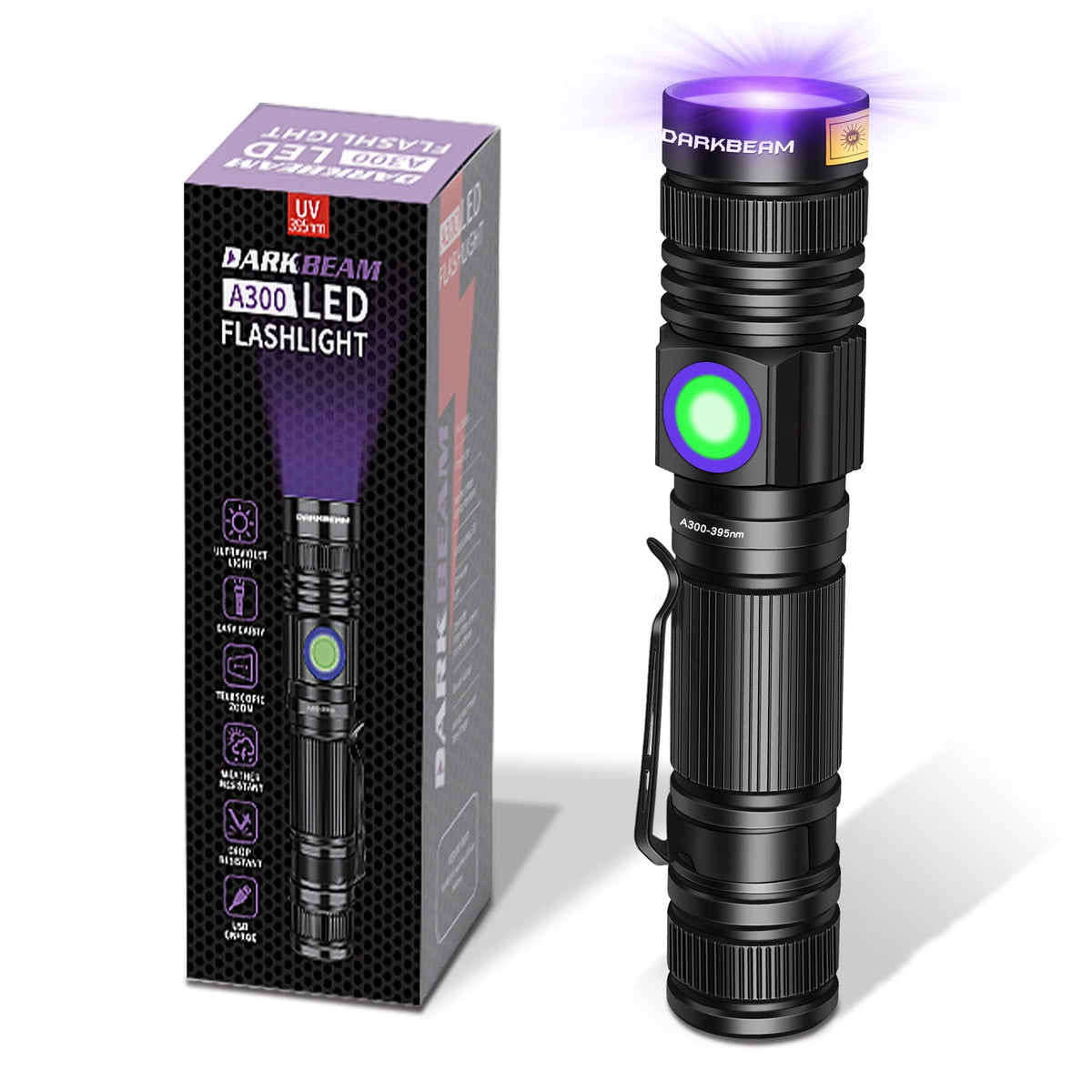 Darkbeam Uv 395Nm Flashlight Usb Rechargeable, Wood'S Lamp Black Light, Handheld Ultraviolet Led Portable With Clip, Resin Curin