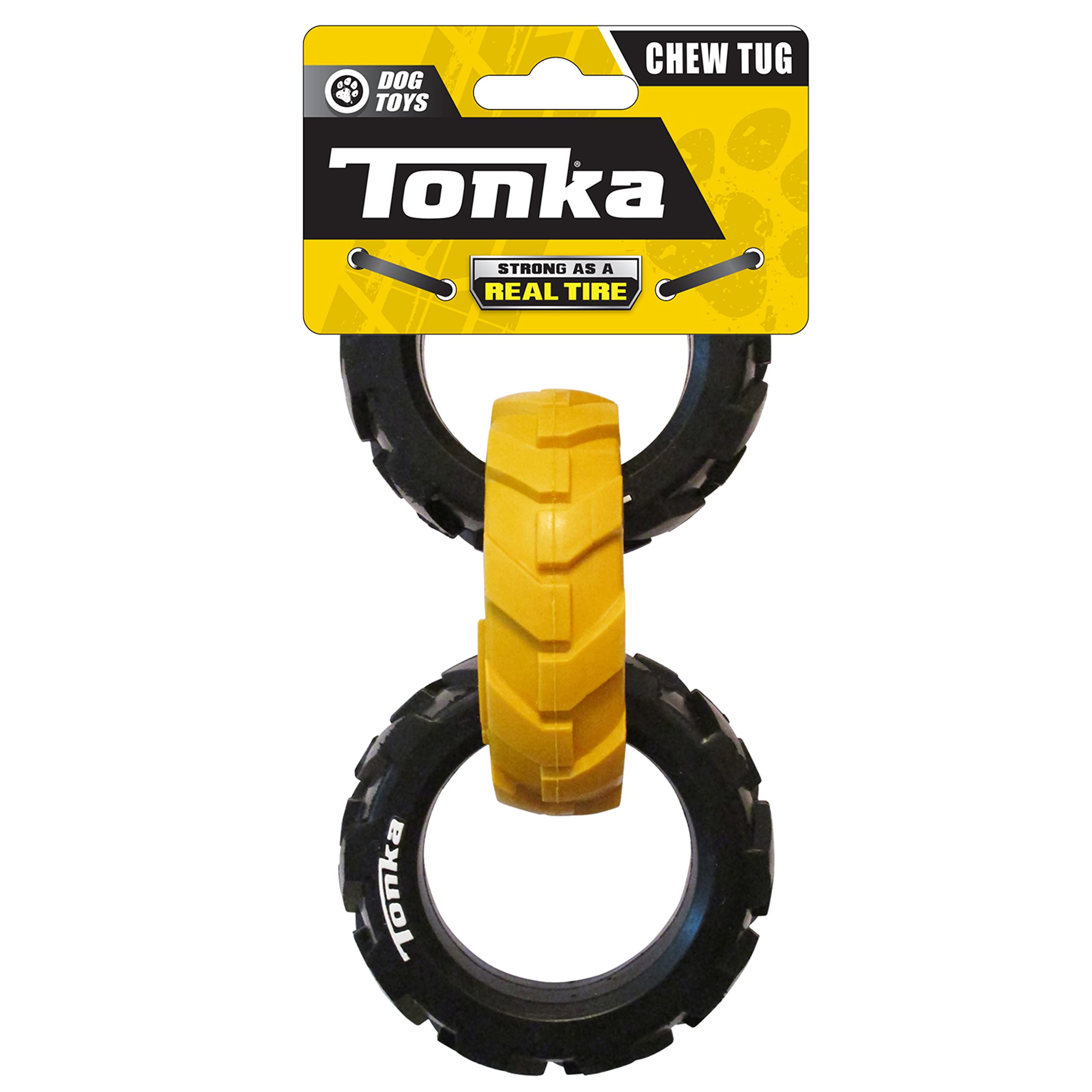 Tonka Rubber 3-Ring Tug Dog Toy, Lightweight, Durable And Water Resistant, 7.5 Inches, For Medium/Large Breeds, Single Unit, Yellow/Black