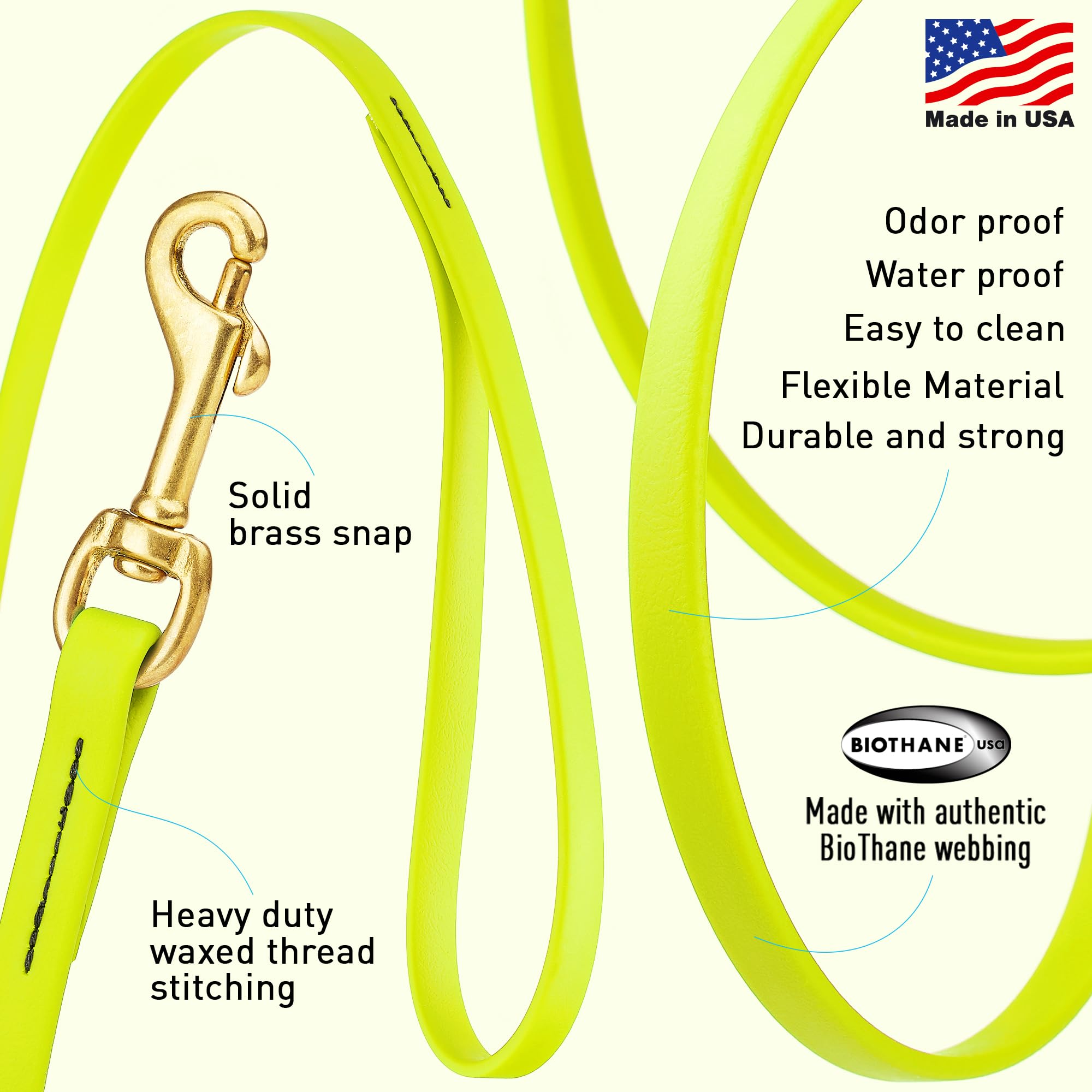 Viper Biothane K9 Working Dog Leash Waterproof Lead For Tracking Training Schutzhund Odor-Proof Long Line With Solid Brass Snap For Puppy Medium And Large Dogs, 33Ft Safety Yellow
