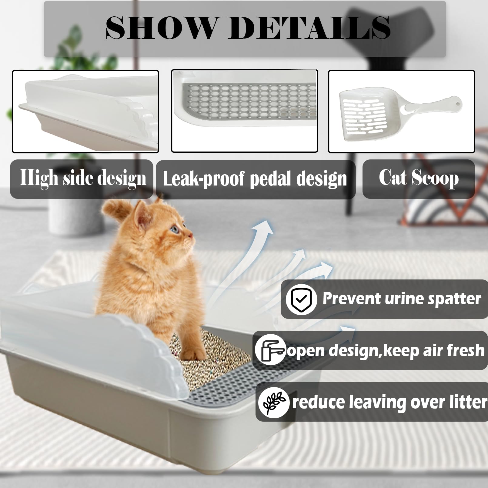 Kathson Open Cat Litter Box With High Side,Anti-Splashing Cats Litter Pan,Kitten Toilet With Litter Sifting Scoop,Semi-Enclosed