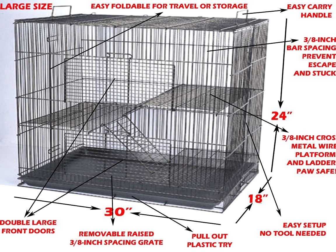 Large 3-Levels Ferret Chinchilla Sugar Glider Rats Animal Cage With 3/8' Wire Cross Shelves And Ladders (30' L X 18' W X 24' H Black)
