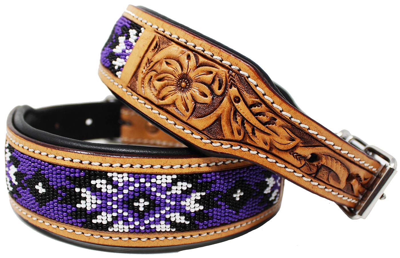 Challenger Medium 17''- 21'' Padded Leather Dog Collar Beaded Floral Hand Tooled 60178