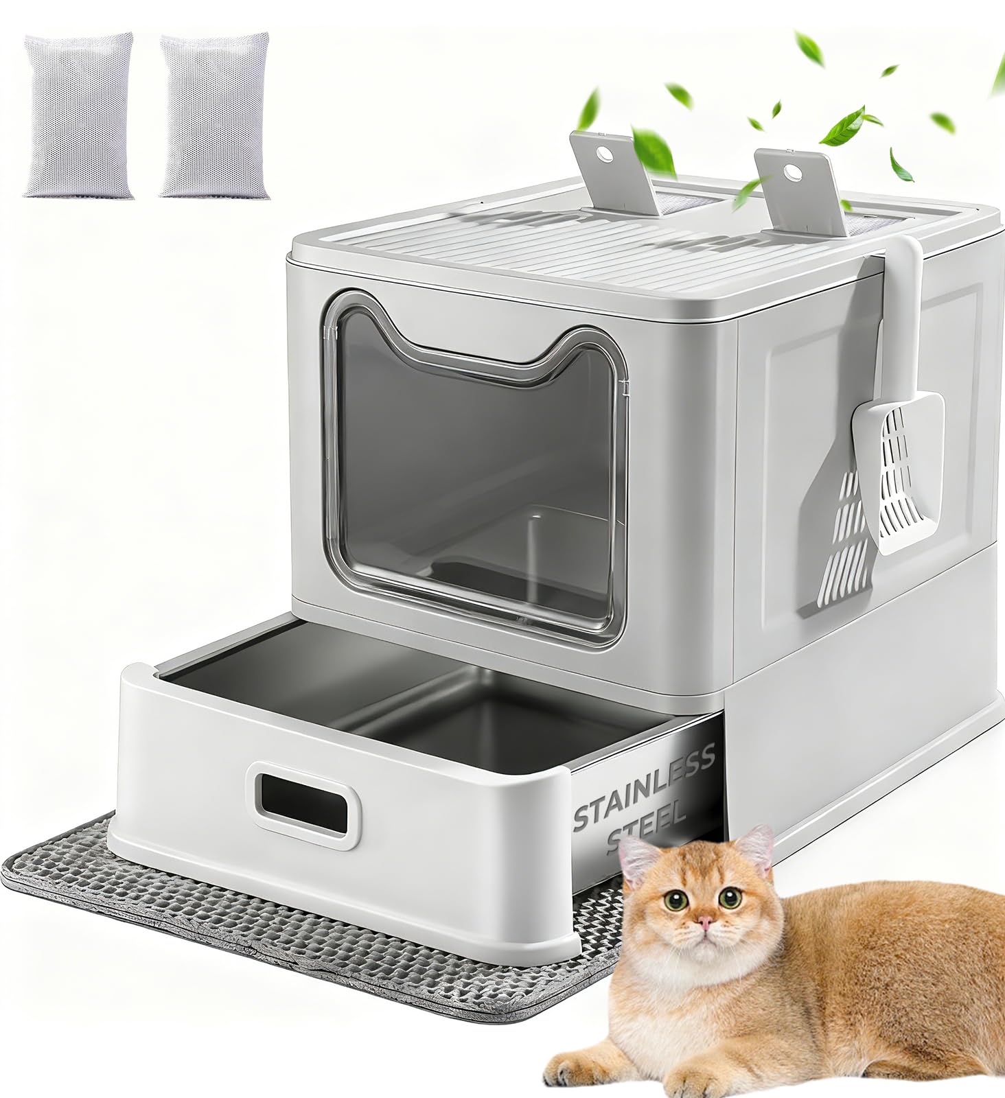 LEEJARD Stainless Steel Cat Litter Box with Lid and Drawer, Enclosed XXL Litter Box for Large Cats Includes Litter Mat & Scoop
