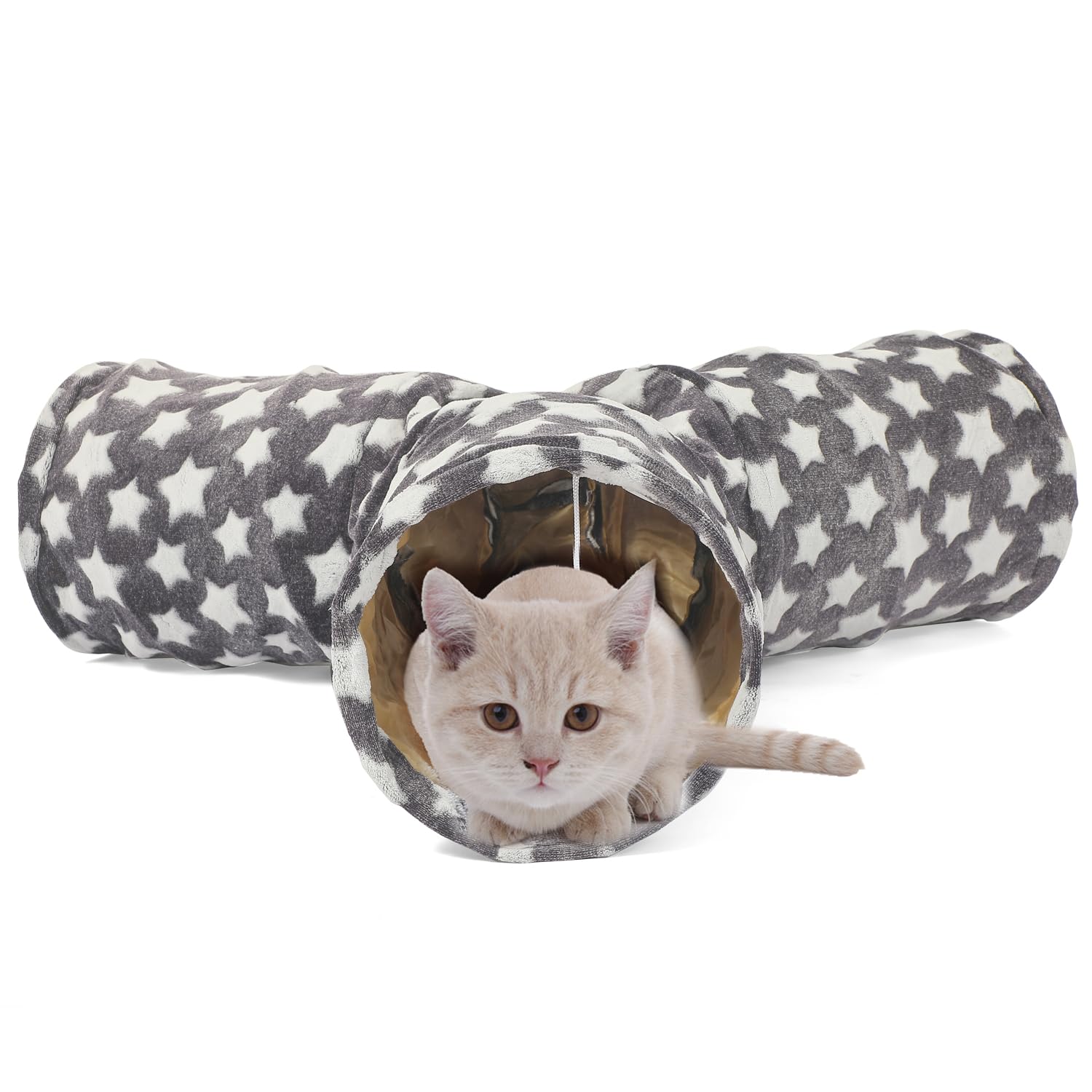 Luckitty Cat Tunnel Toy- 3 Way-Shaped, Gray Star Pattern, Soft Velvet Exterior, Oxford Fabric Fog-Proof Interior, Plush Toy Ball