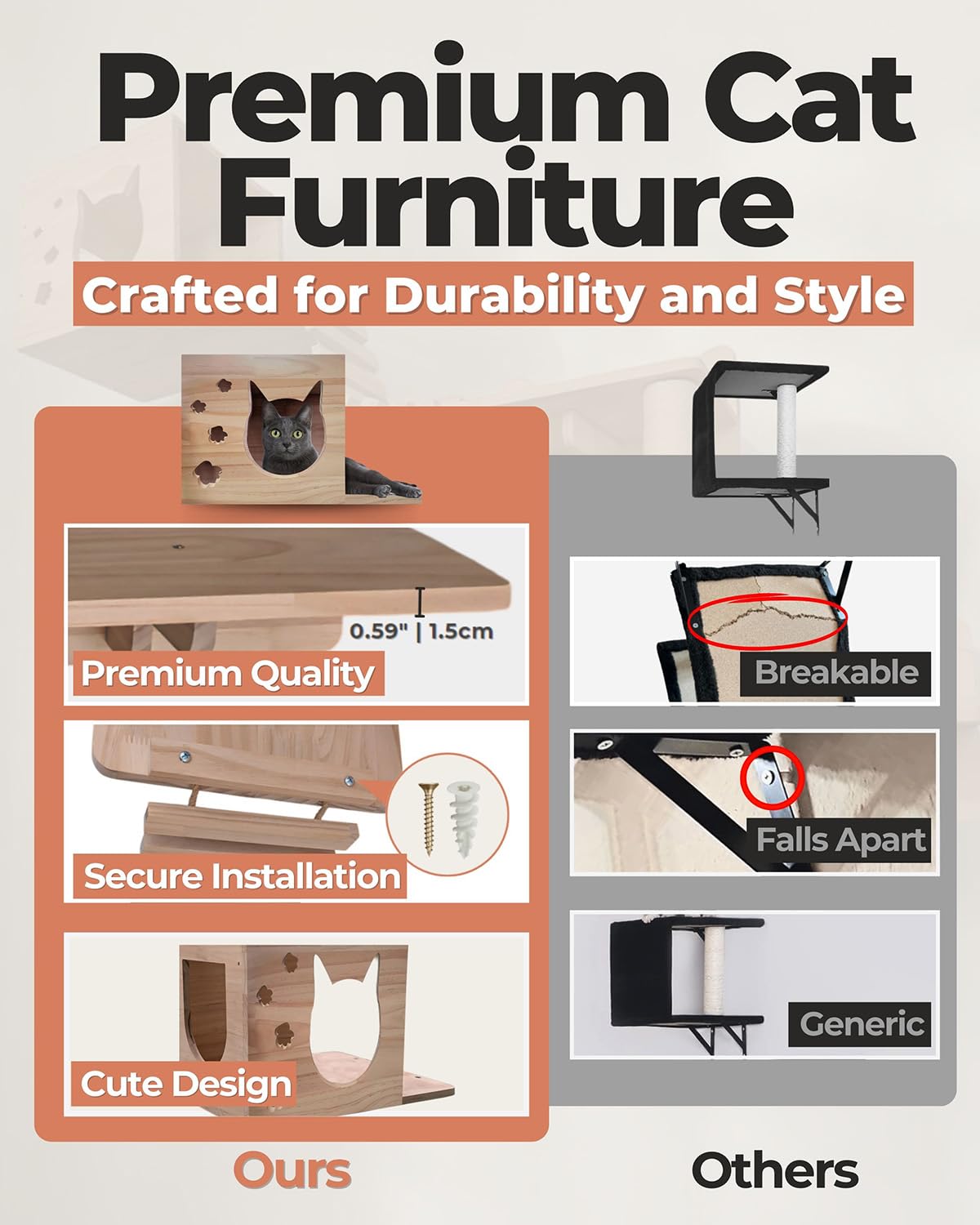 Vantix Plus Cat Wall Shelves | Pine Wooden Wall Mounted Cat Furniture, Set Of 8, Cute Perch, Shelves, Scratching Posts, Steps An