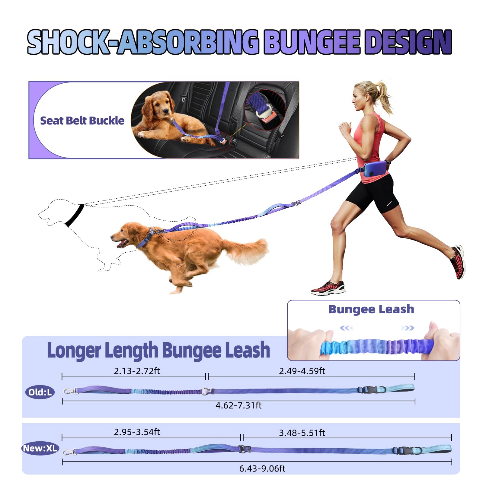 Roses&Poetry Hands Free Dog Leash With Zipper Pouch, 6-9Ft Bungee Waist Leash For Medium Large Dogs Walking, Running Lead With D