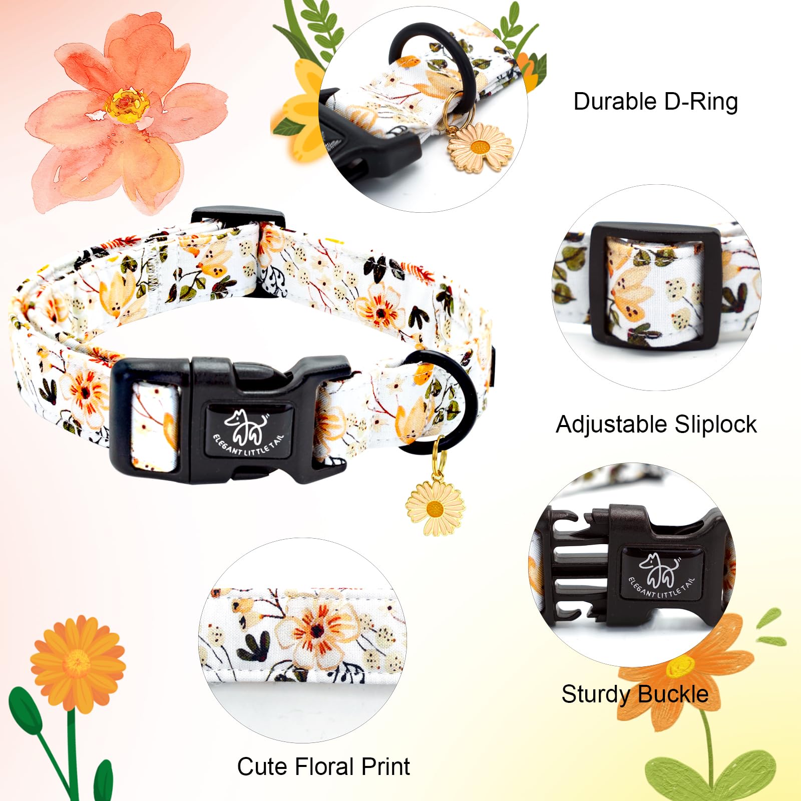 Elegant Little Tail Dog Collar, Flower Pattern Pet Collar Cute Durable Spring Female Or Male Adjustable Cotton Pet Collar With Q
