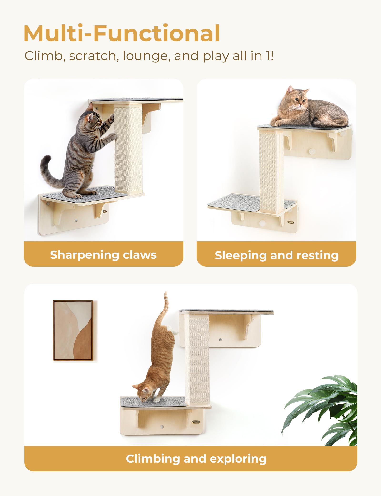 Pecute Double Cat Shelves With Scratching Post For Wall And Window With Solid Wood Frame, Washable & Removable Cover, Space-Savi