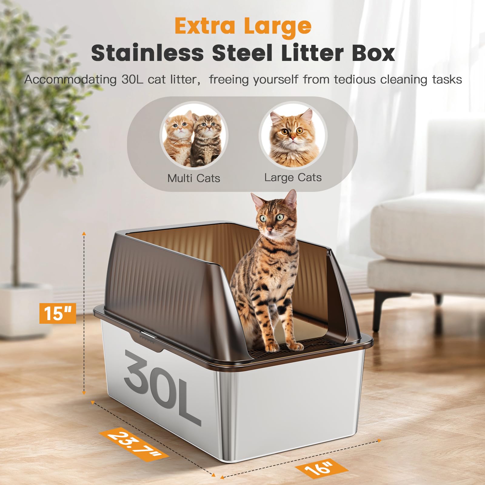 Tripamin 15    Xl Stainless Steel Cat Litter Box Enclosure, Xxl Stainless Steel High Sides With Lid, Extra Large Metal Cat Litte