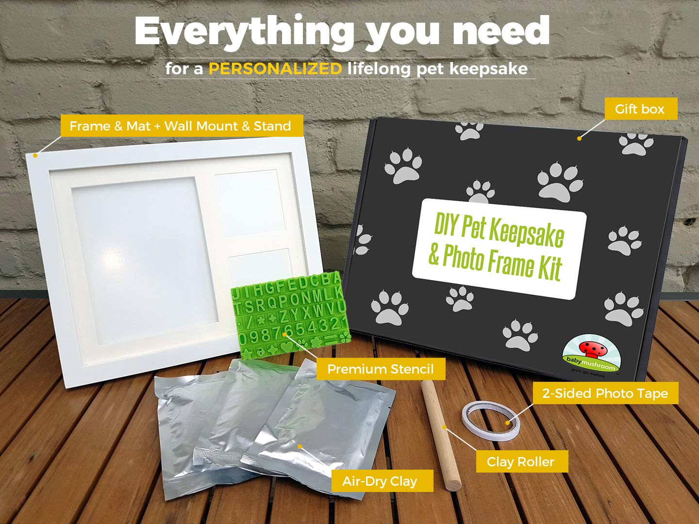 Ultimate Dog Or Cat Pet Pawprint Keepsake Kit & Picture Frame - Premium Wooden Photo Frame, Clay Mold For Paw Print & Bonus Sten