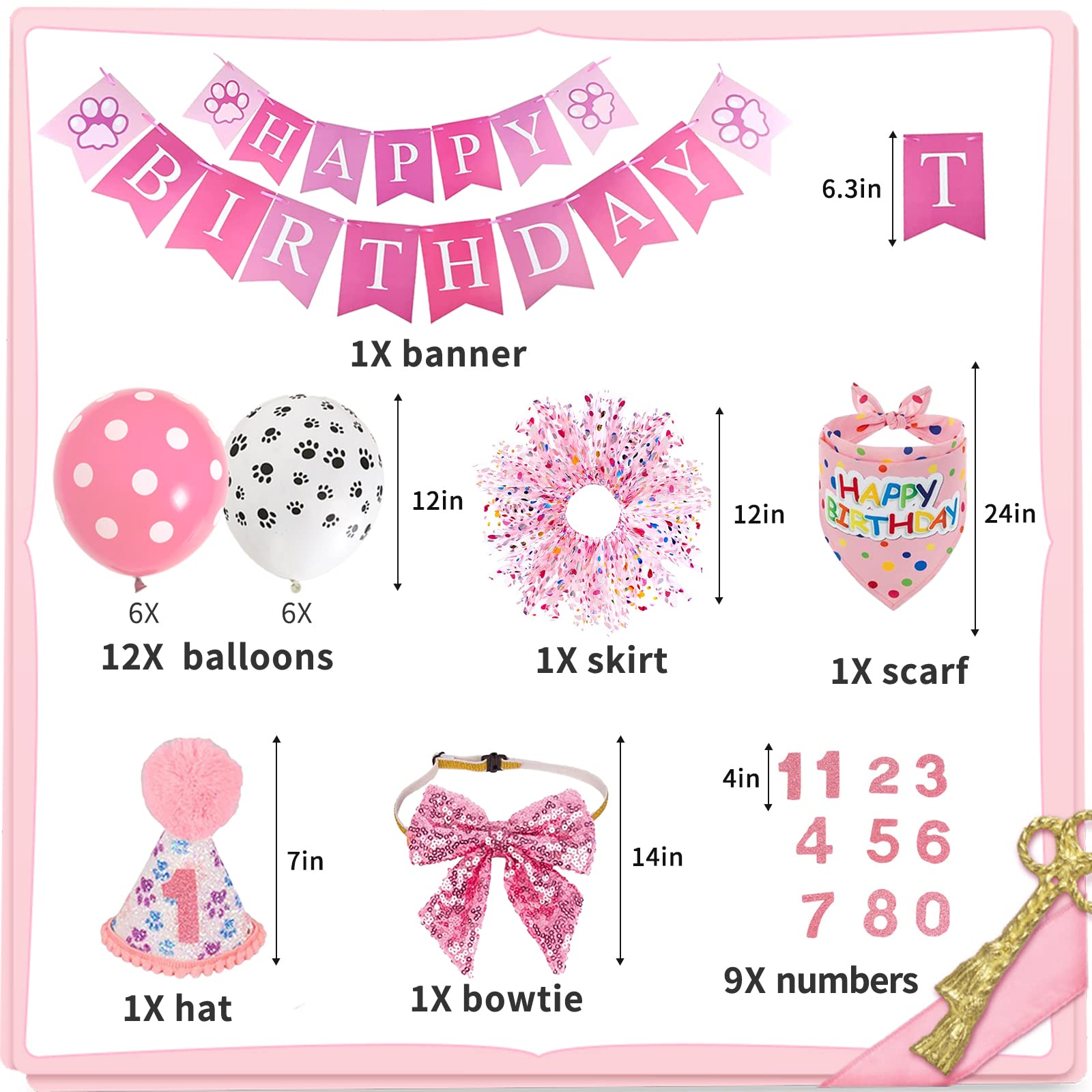 Dog Birthday Party Supplies - Bandana Hat, Red Bowtie, Tutu Skirt for Girl Dog Decorations