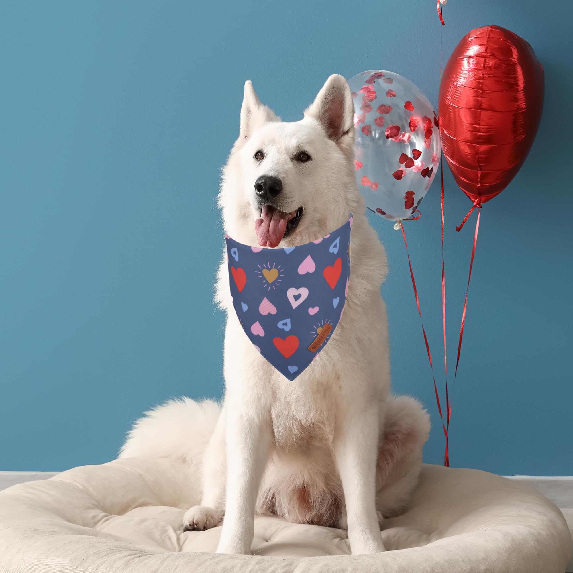 ADOGGYGO Valentine Dog Bandana, Colorful Heart Pet Scarf, Multi Size Offered, White Blue Valentine Heart Bandanas for Large and