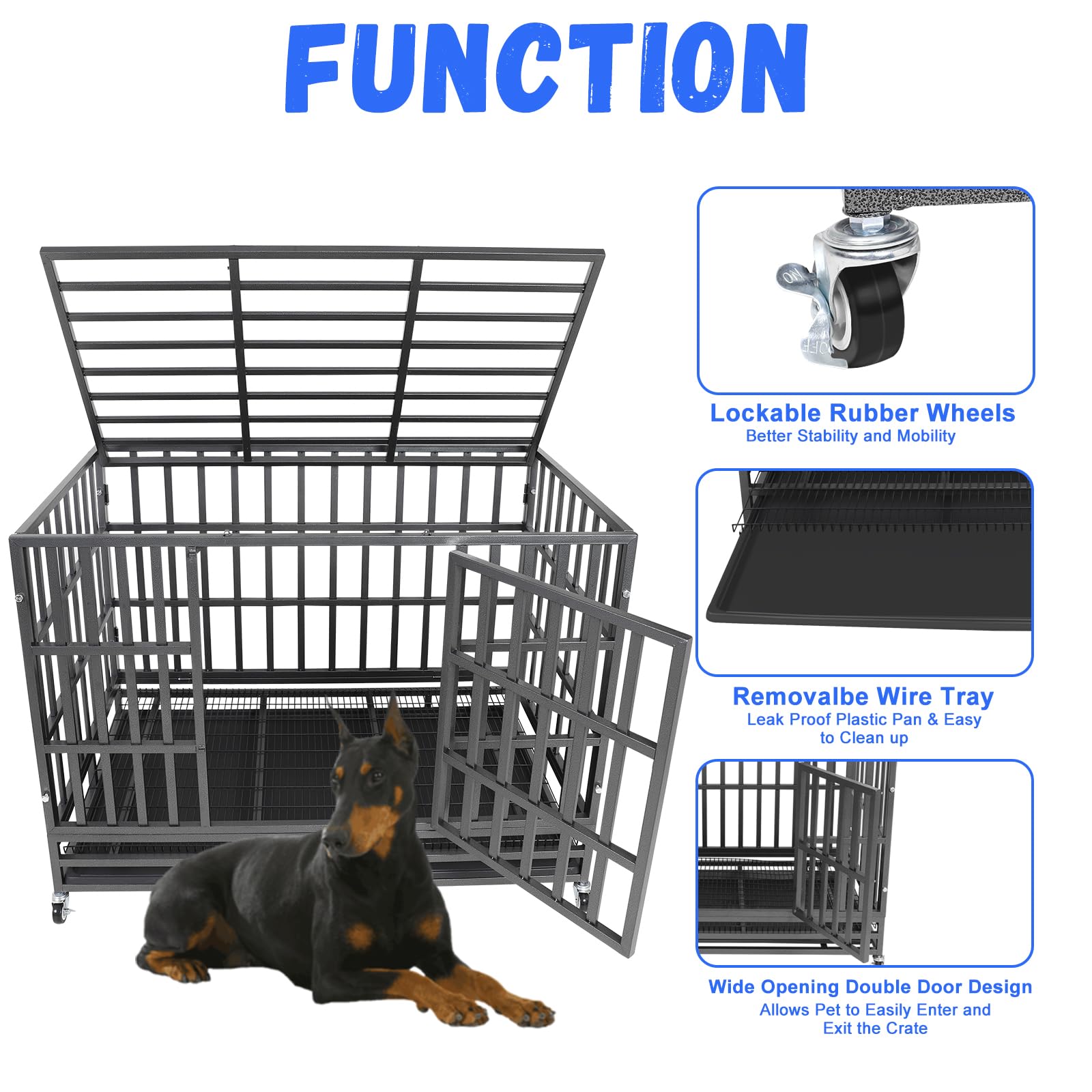 Confote 48 Heavy Duty Dog Crate Cage Kennel Metal Pet Crate Cage Indoor Outdoor Pet Kennel for Large Dogs with Removable Tray, D