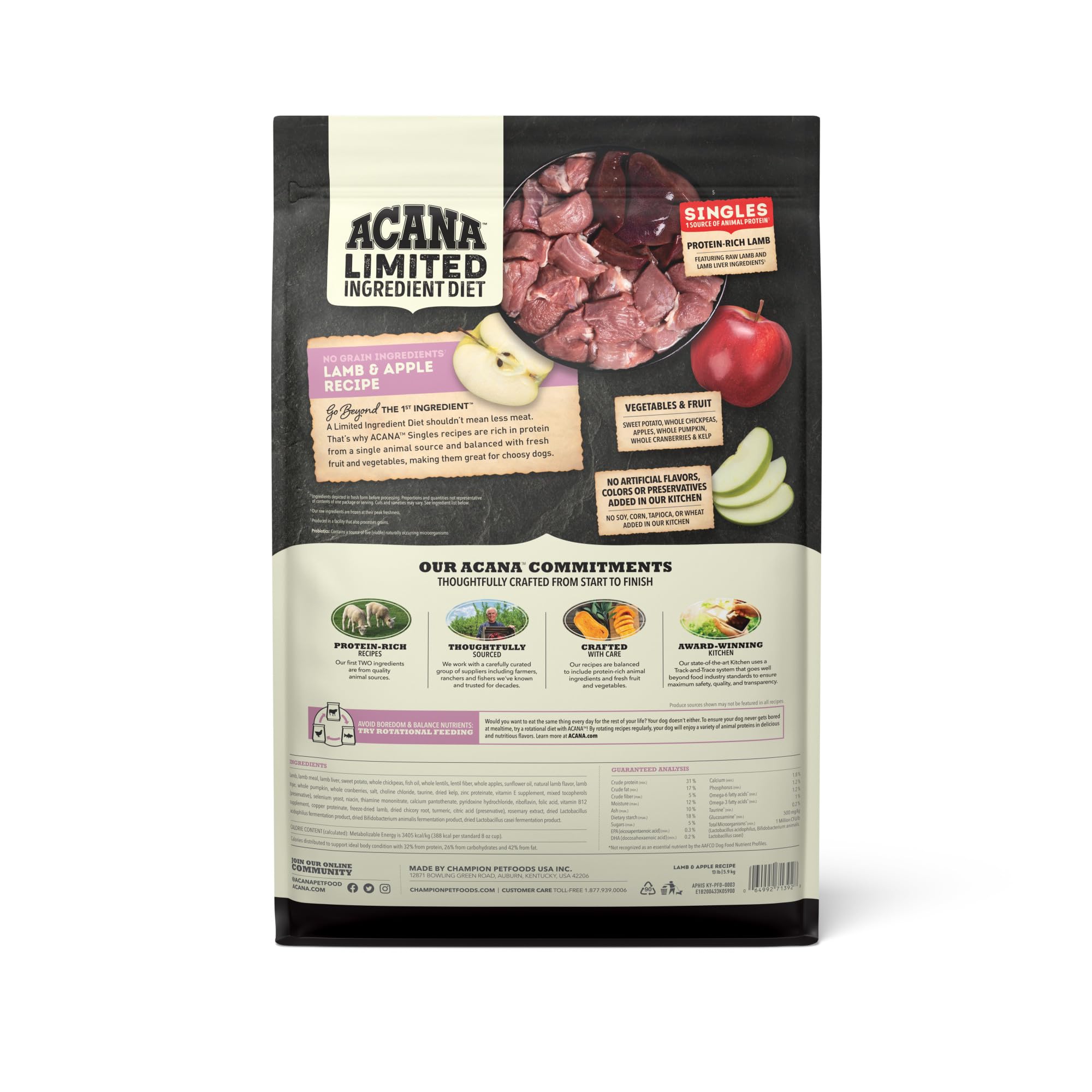 ACANA Singles Limited Ingredient Dry Dog Food, Grain Free Lamb & Apple Dog Food Recipe, 13lb