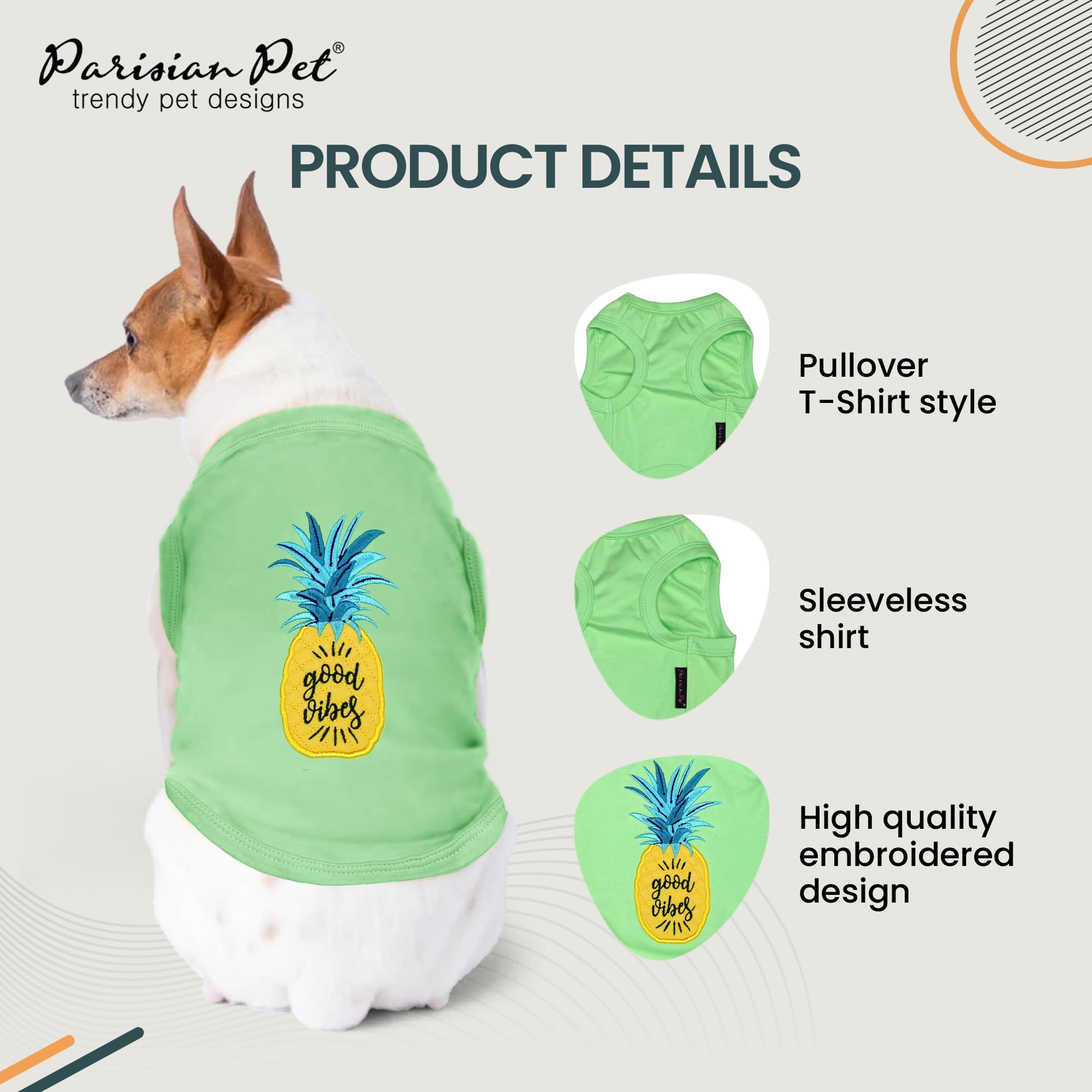 Parisian Pet Dog Tshirt - Embroidered  Good Vibes  Dogs Apparel - 100% Cotton And Lightweight Dog Clothes - Sleeveless Doggy Tee