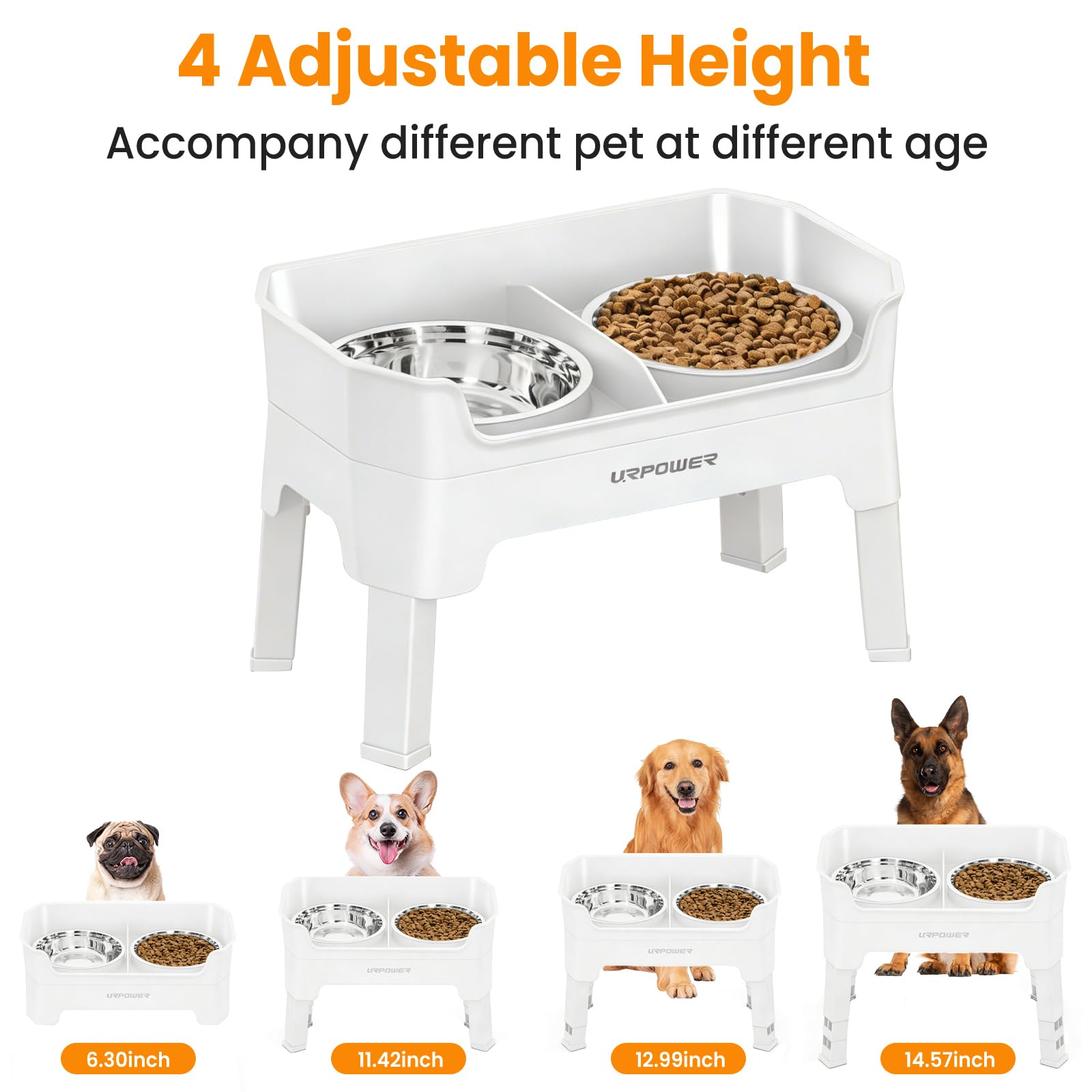 URPOWER 3-in-1 Elevated Dog Bowls - Mess Proof Double Deck 4 Height Adjustable Raised Stand with 2 Stainless Steel Food Bowls &