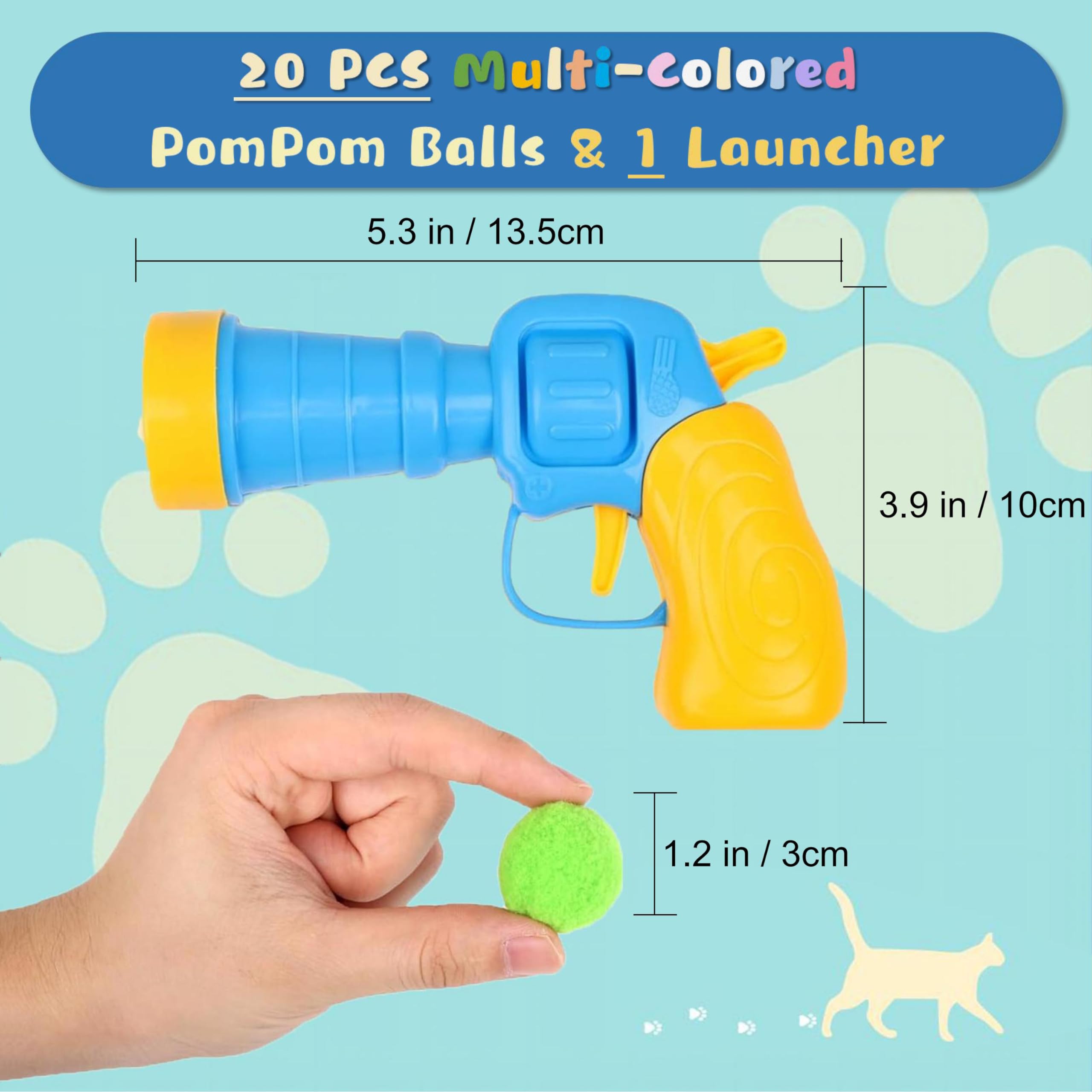 Baikevin Low Noise Interactive Cat Ball Launcher Gun, 1 Noise-Reduced Launcher (New Upgraded), 20 Pcs Colorful Silent Plush Pom