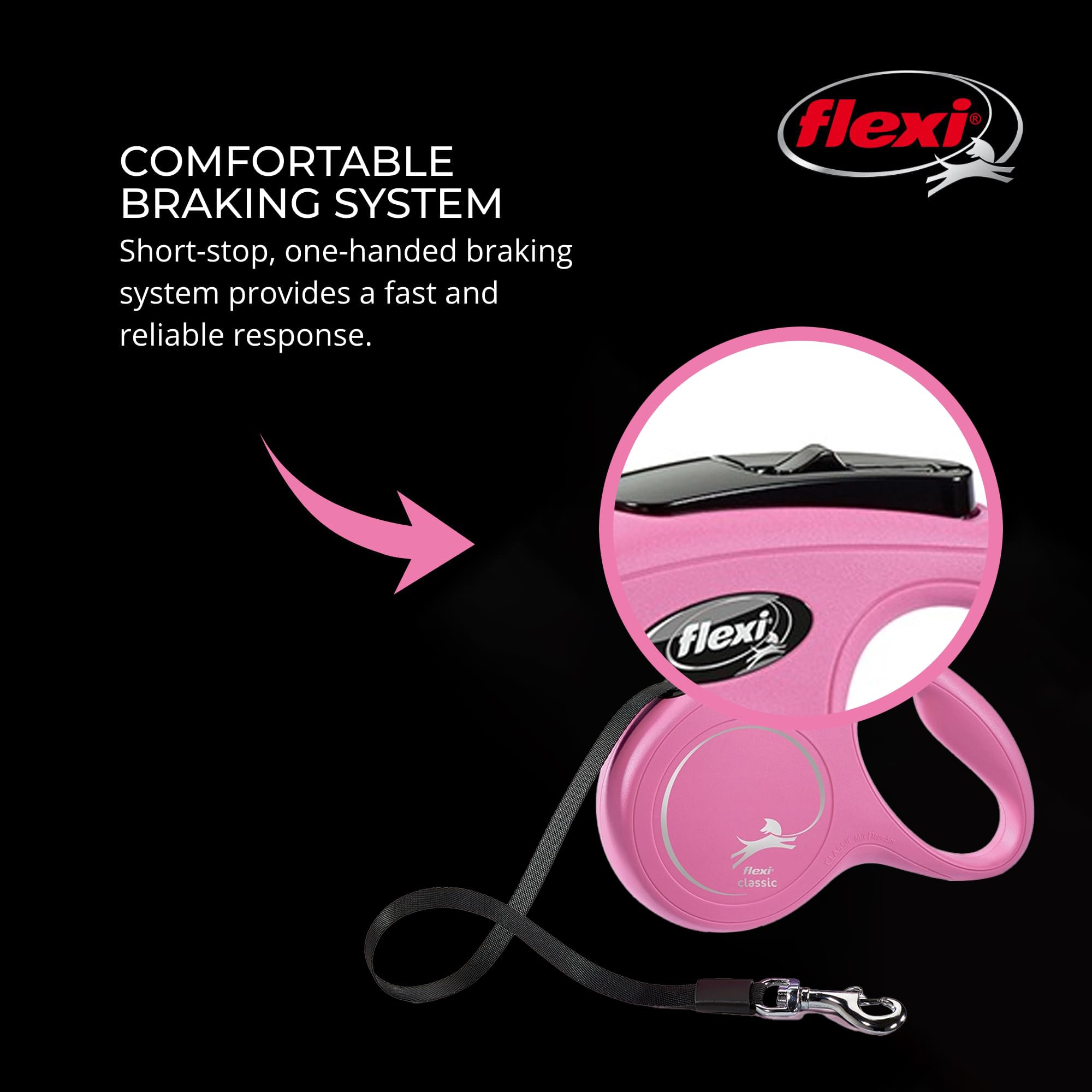 FLEXI Retractable Dog Leash for Small Dogs, 10 ft Nylon, Pink, Model CL00C3.250.P.20, Tangle-Free with One-Handed Brake and Lock