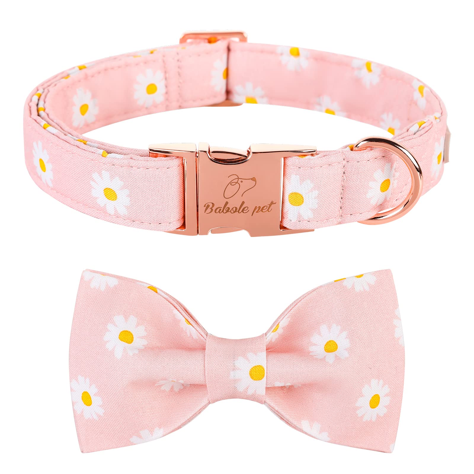 Babole Pet Dog Collar With Pink Daisy Bow Tie,Cotton Dog Collar With Safety Metal Buckle Adjustable Puppy Collars For Small Medium Large Boy&Girl Dog,Small,Neck 10'-16'
