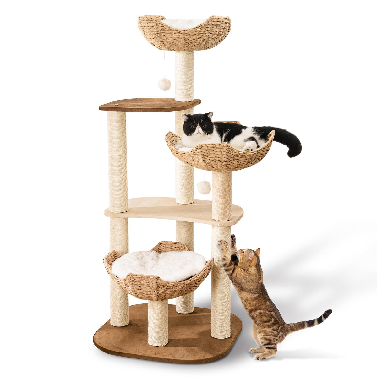 Big Modern Design Cat Tree Tower With White Cloud Mat, Unique Cat Supplies Tower With Scratching Post, Cute Wood Cat Tree Cat Fu