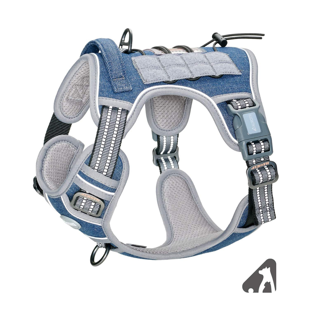 Auroth Tactical Dog Harness For Small Medium Large Dogs No Pull Adjustable Pet Harness Reflective K9 Working Training Easy Control Pet Vest Military Service Dog Harnesses (S, Denim Blue)