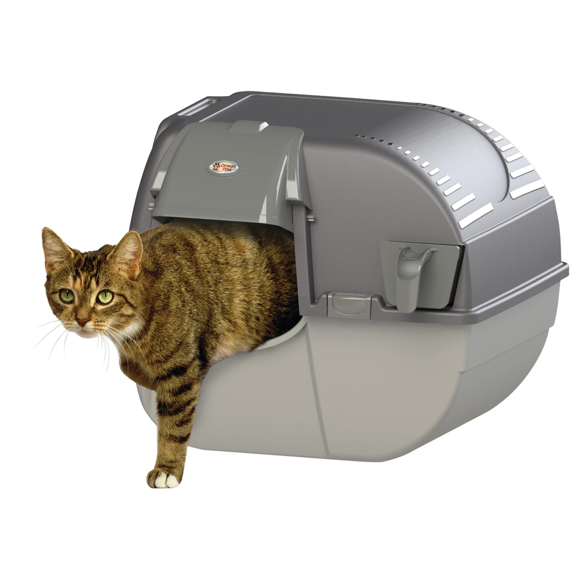 Omega Paw Easy Fill Roll 'n Clean Cat Litter Box - Regular Size, Grey Plastic