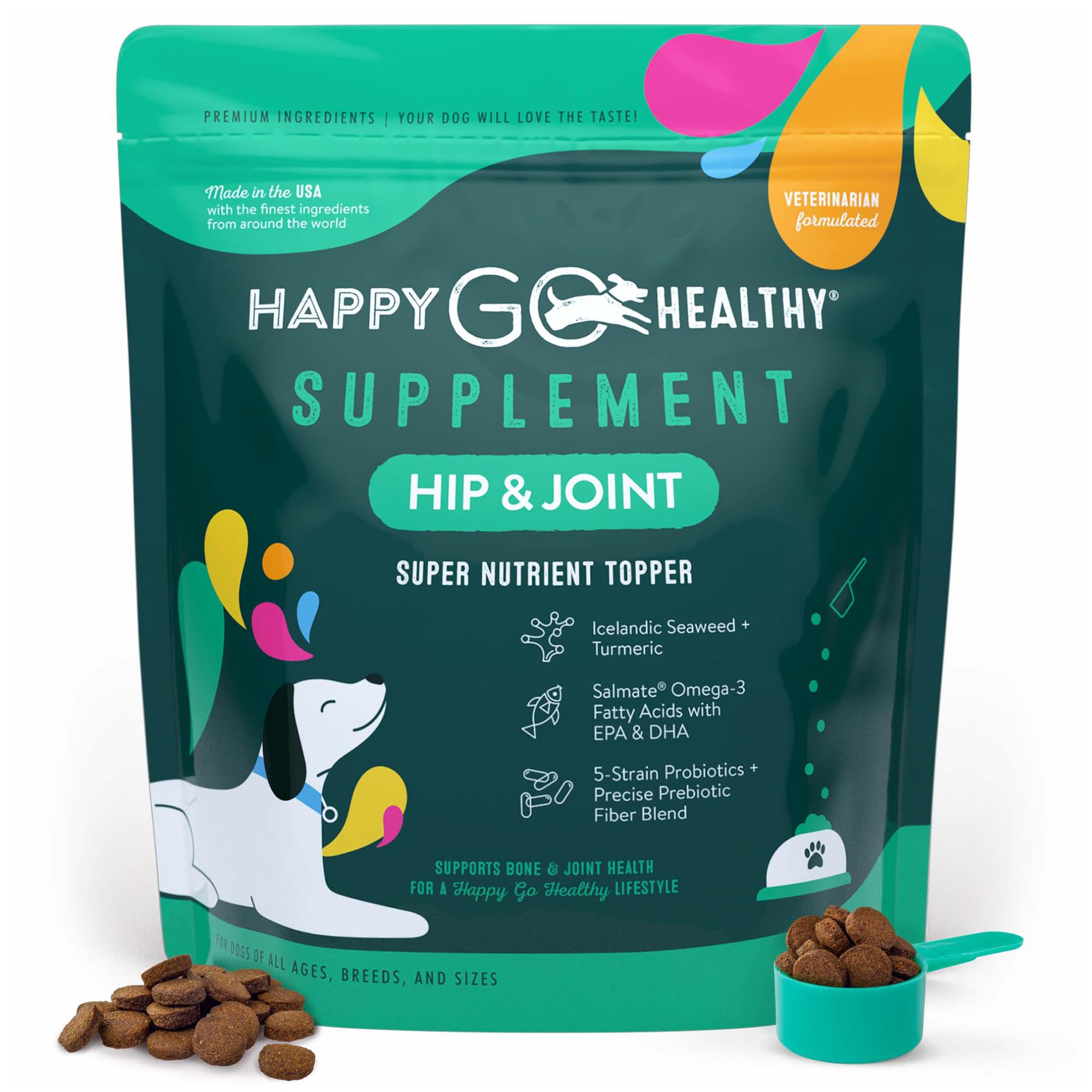 Happy Go Healthy Hip & Joint Supplements for Dogs | Probiotic & Prebiotic Benefits with Wild Salmon Omega 3s to Help Your Dog Re