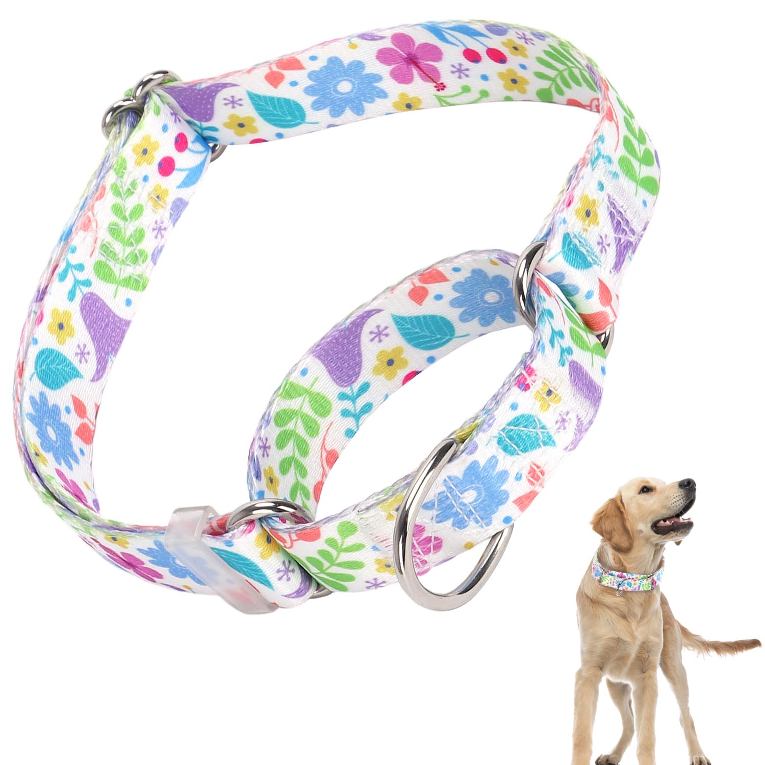 Martingale Collar For Dogs With Green Flowers Patterns For Boy & Girl Dogs, Adjustable Premium No Slip Collar, Floral Design Dog