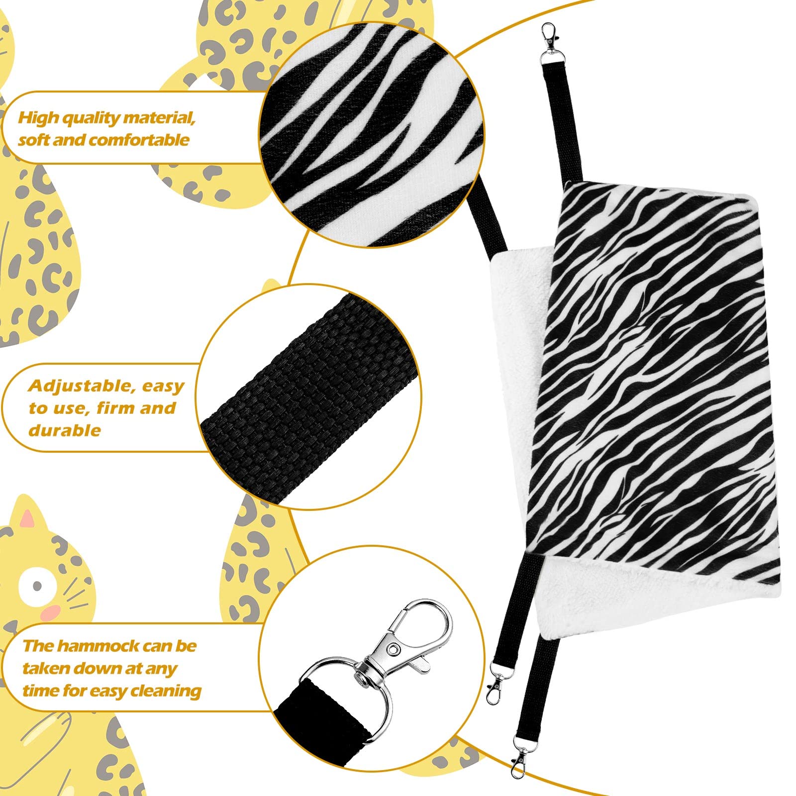 2 Pieces Reversible Cat Hanging Hammock Soft Breathable Pet Cage Hammock With Adjustable Straps And Metal Hooks Double-Sided Hanging Bed For Cats Small Dogs Rabbits (Zebra, Tiger Stripes, L)