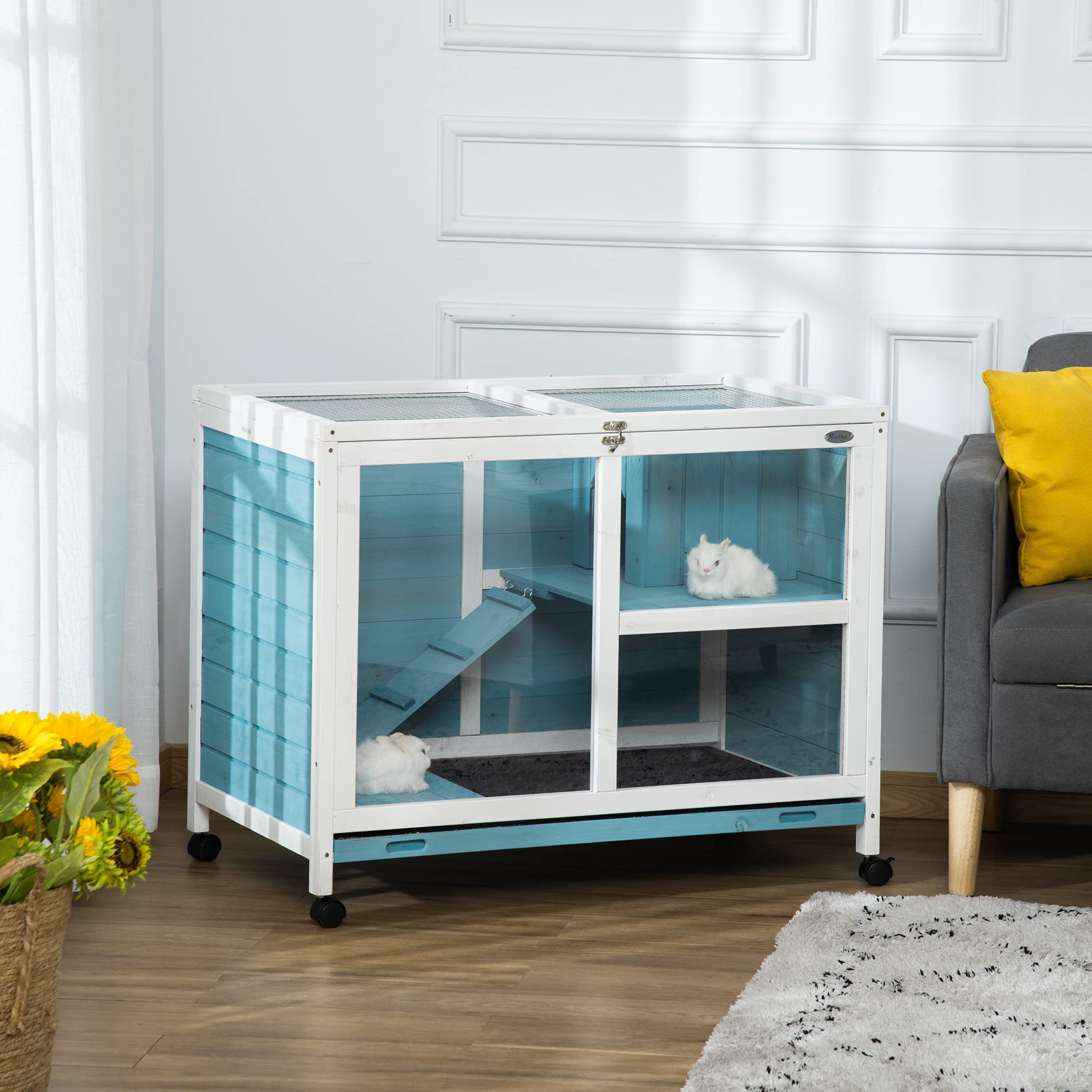 Pawhut Indoor Rabbit Hutch With Wheels, Desk And Side Table Sized, Wood Rabbit Cage, Waterproof Small Rabbit Cage, Light Blue