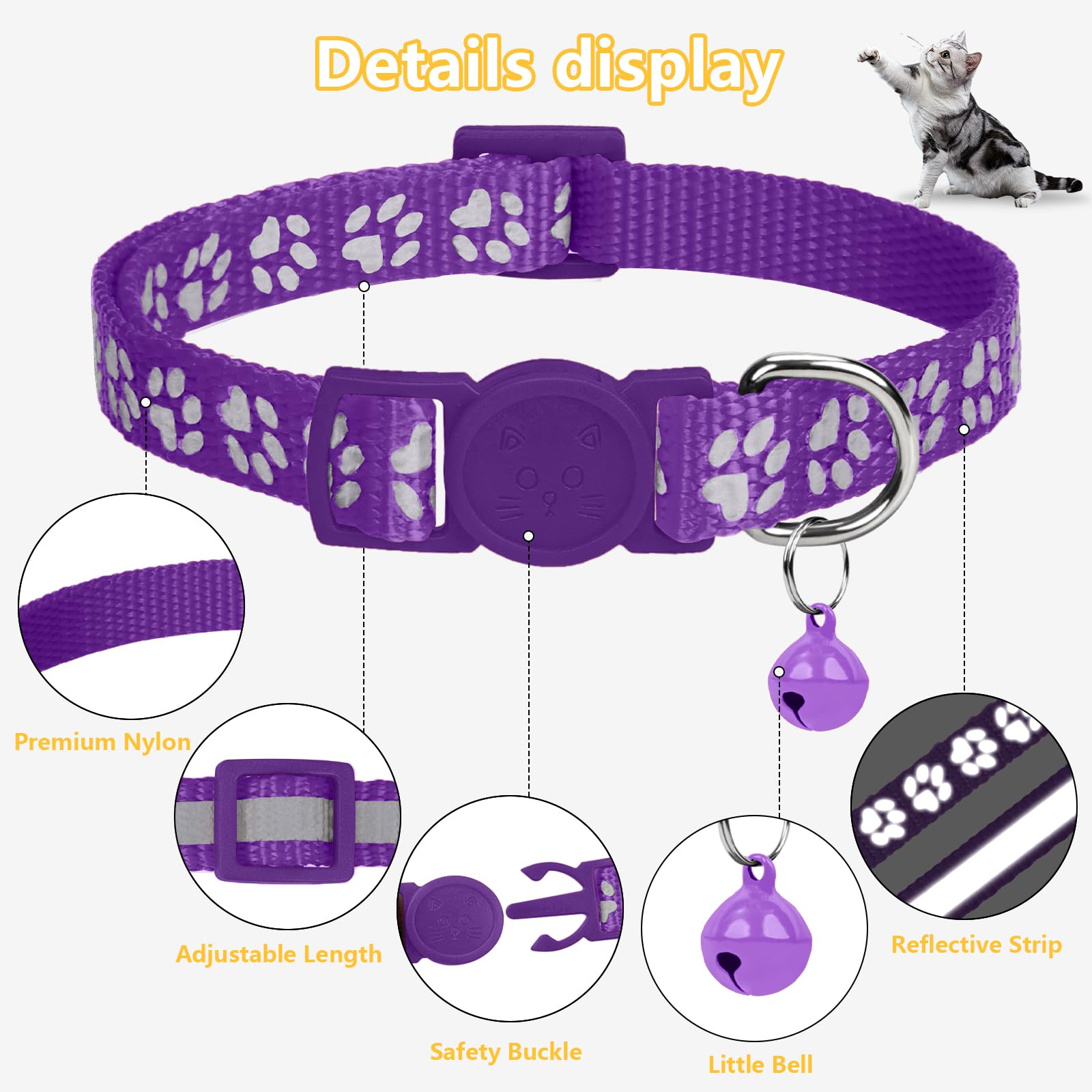 Taglory Reflective Cat Collars Breakaway With Bell, 2 Pack Girl Boy Pet Kitten Collar Adjustable 6-8 Inch, Purple
