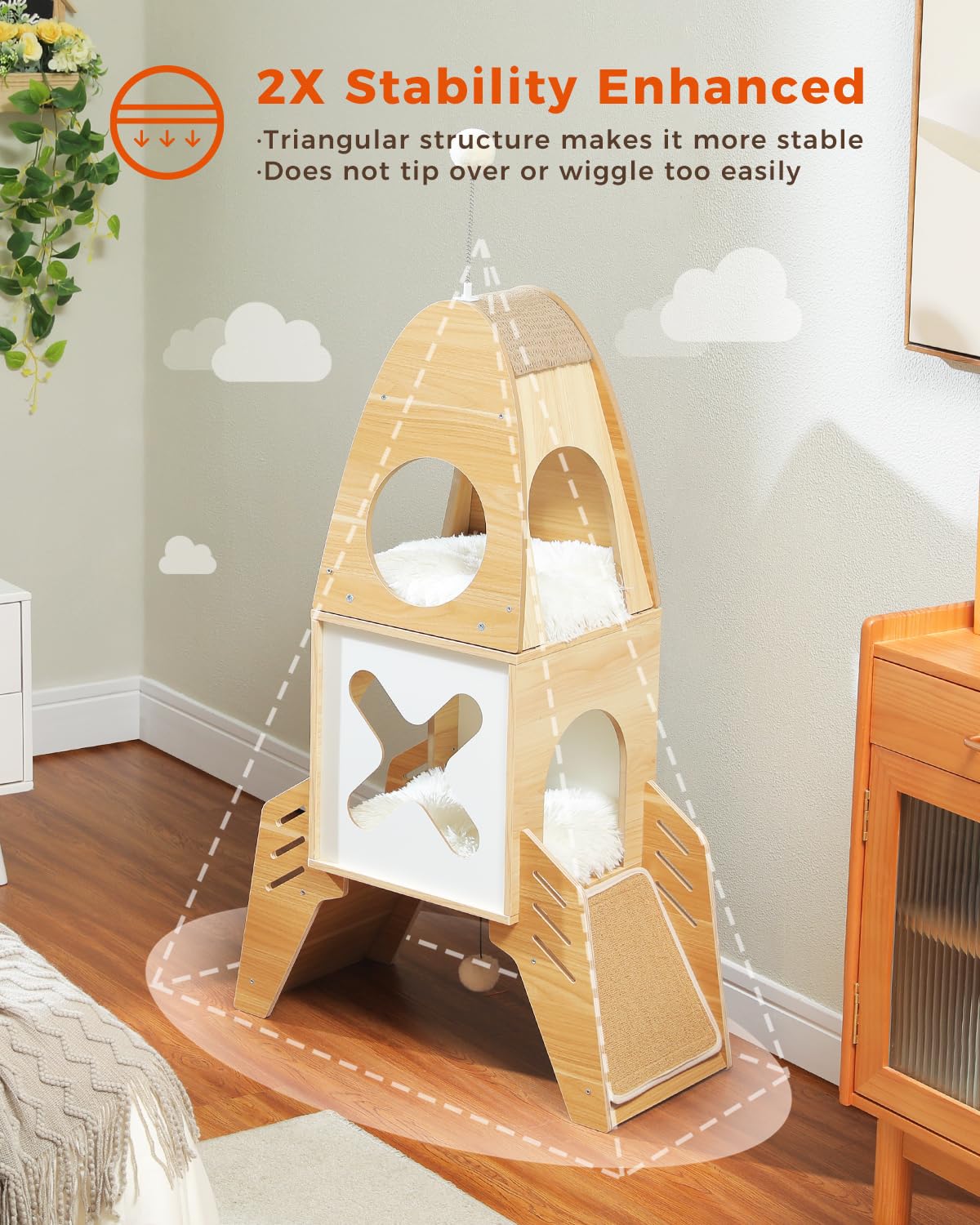Muttros Modern Cat Tree Rocket Ship, Wood Cat Tower For Indoor Cats, 47' Multilevel Wooden Cat Furniture With 2 Condos, Danglin