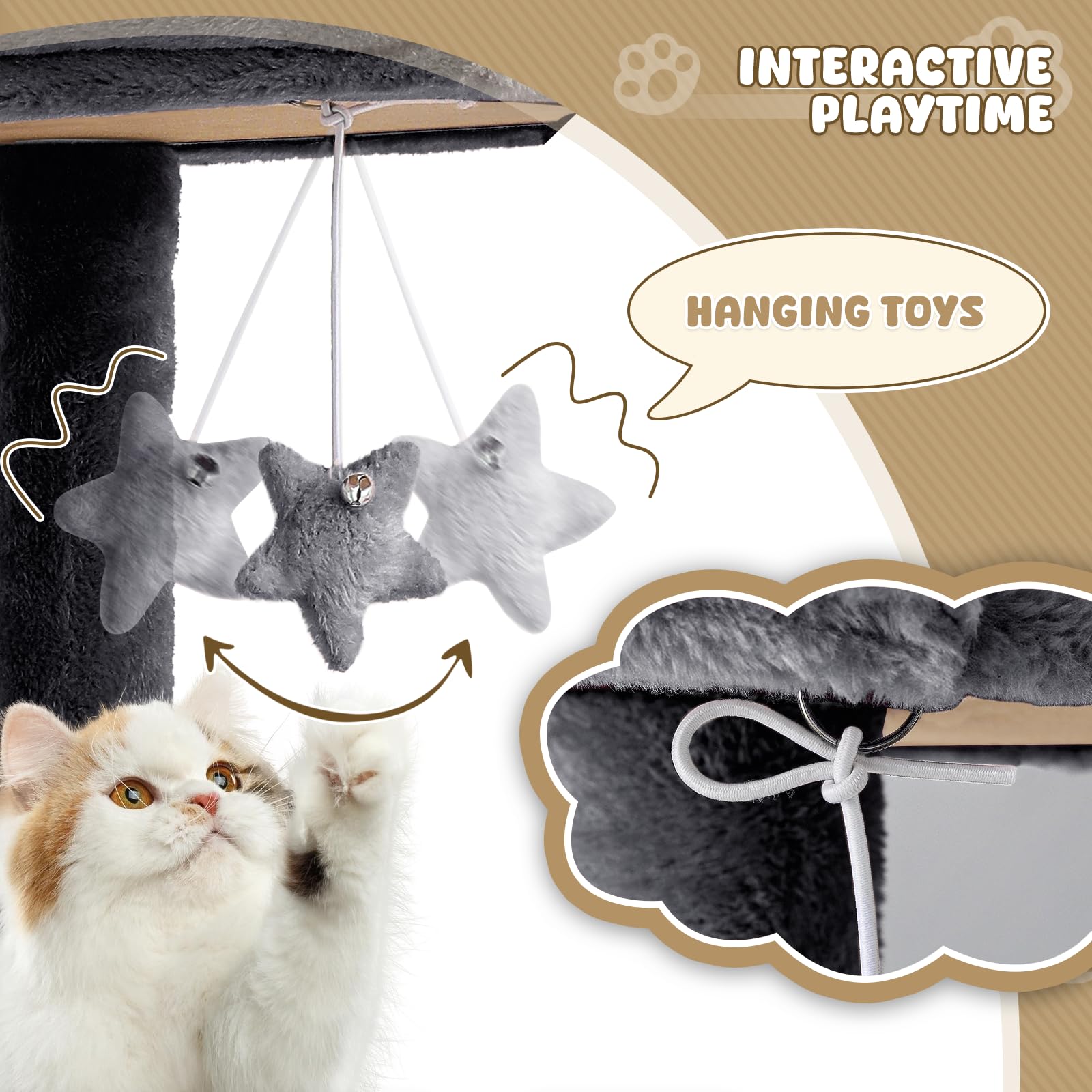 Magshion 58'' Cat Tree Tower With Toy, Multi-Level Cat Condo With Scratching Posts, 2 Top Perches, Hammock, And Dangling Ball, C