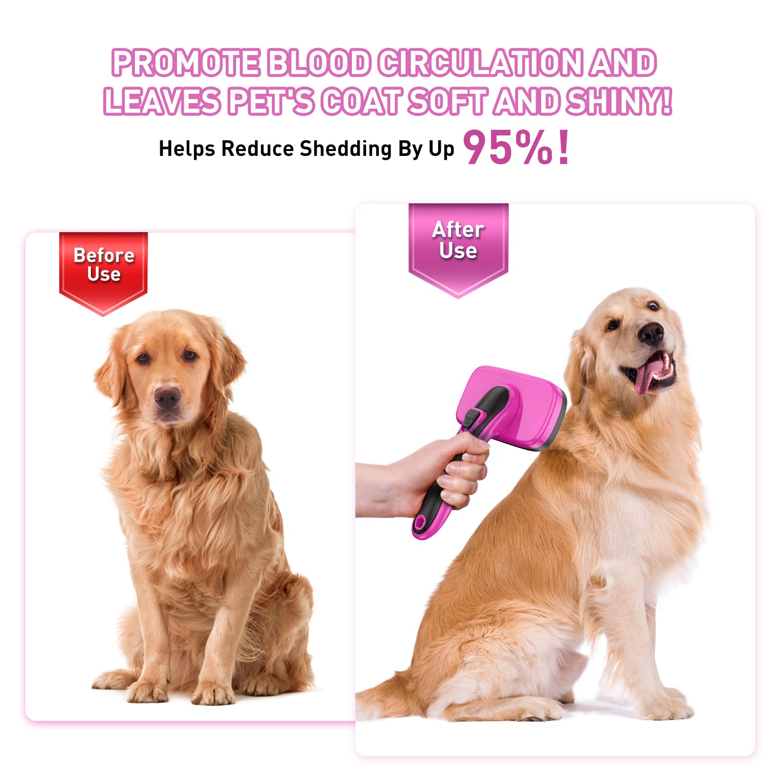 Dogs Self Cleaning Slicker Brush For Shedding & Grooming Long Short Haired, Cats Retractable Brushes For Large Medium Small. Gently Removes Loose Undercoat, Mats Tangled Hair From Pet'S Coat (Pink)