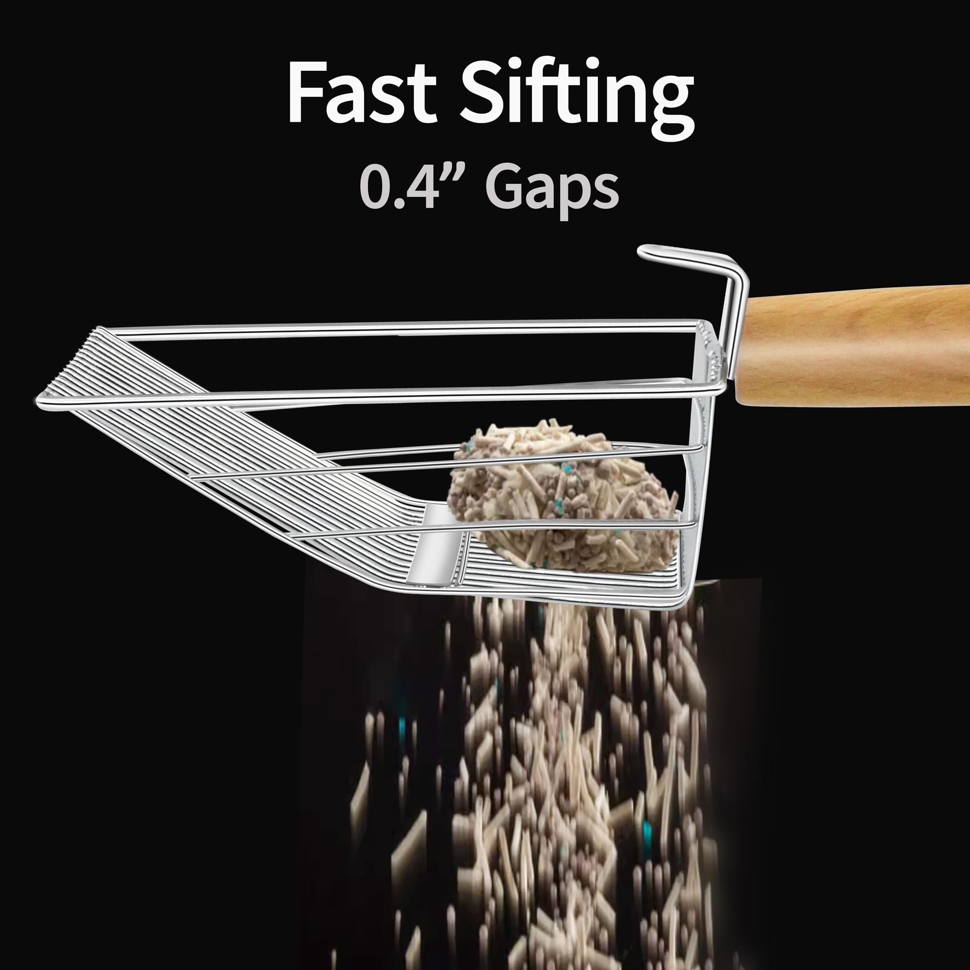 Ufecodo Fast Sifting Cat Litter Scoop With Holder Stand, 2 Widths Of Slots Stainless Steel Poop Scooper With Ergonomic Wood Hand