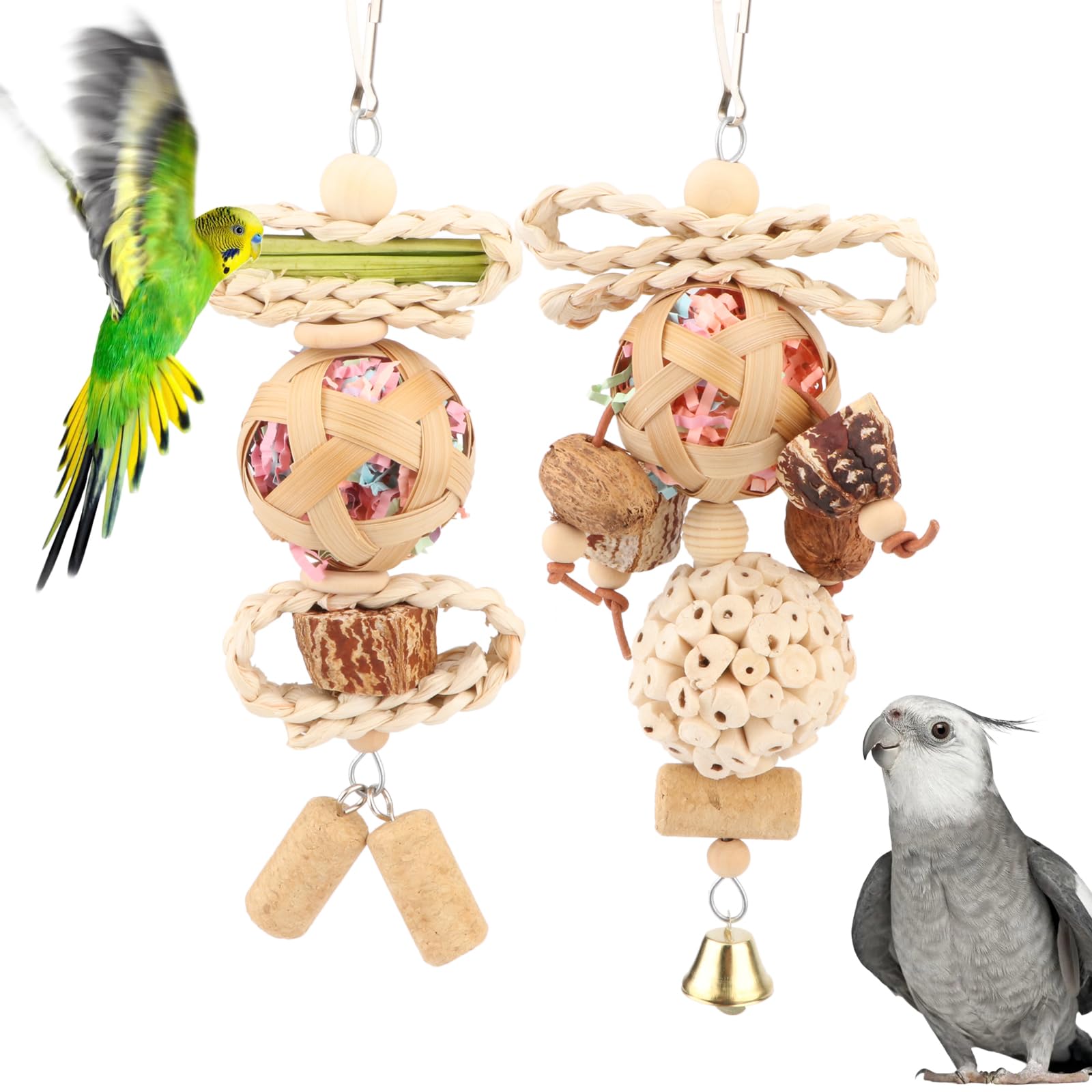 Wontee Bird Toys Colorful Shredding Crinkles Foraging Toys Natural Sola Ball Chew for Cockatiels Conures Parakeets Budgies Seneg