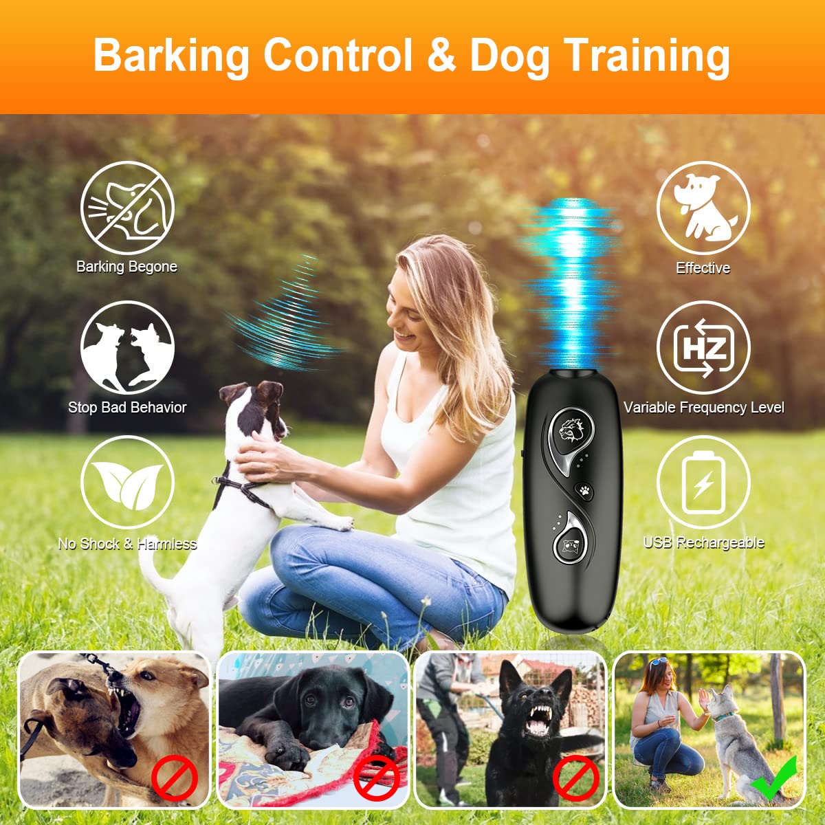 Hopet Ultrasonic Anti Barking Device, Dog Bark Deterrent For Barking Control & Dog Trainer, Usb Rechargeable Dual Variable Frequancy With Control Range Of 16.4 Ft(5M)