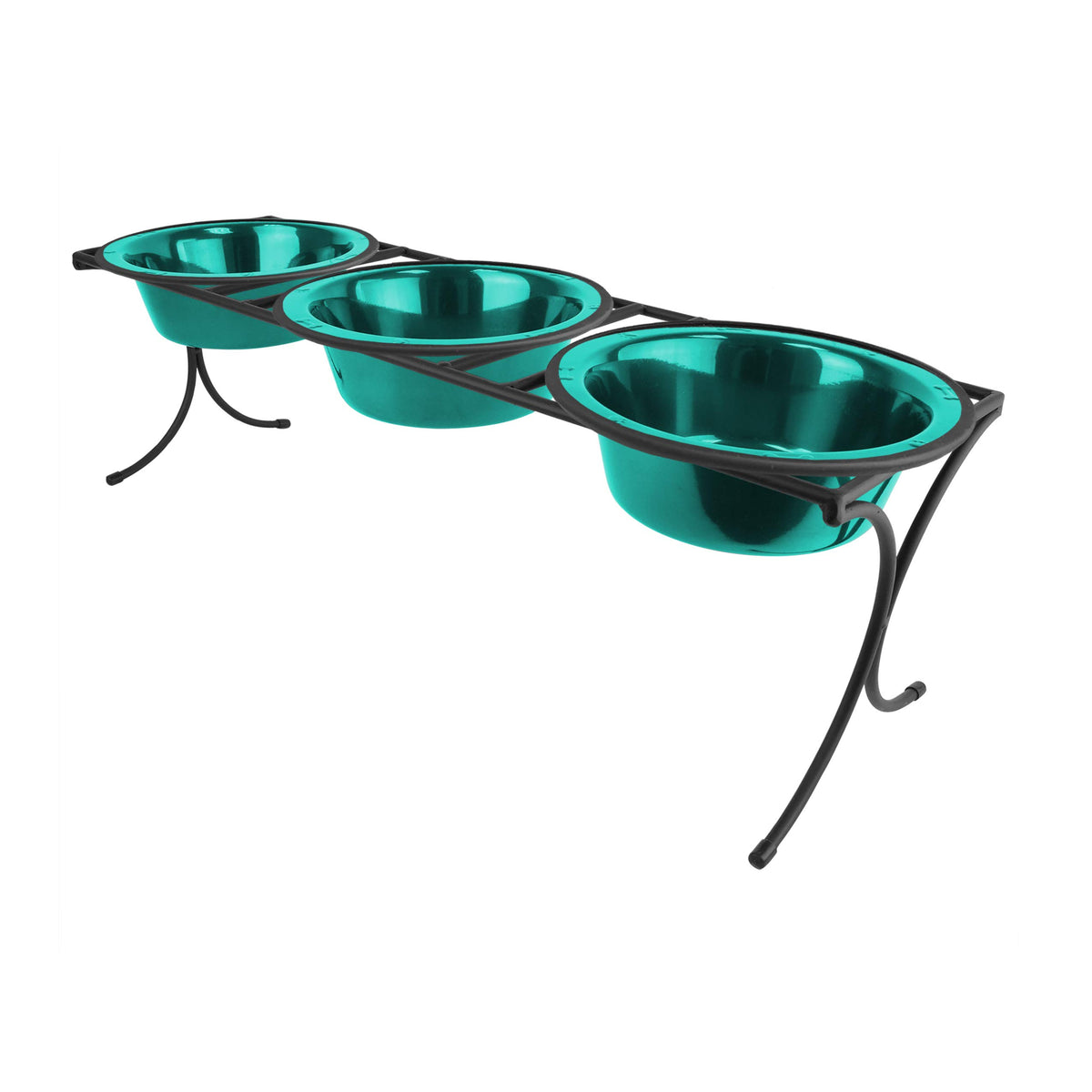 Platinum Pets Bistro Triple Diner Feeder With Stainless Steel Dog Bowls, Large, Caribbean Teal