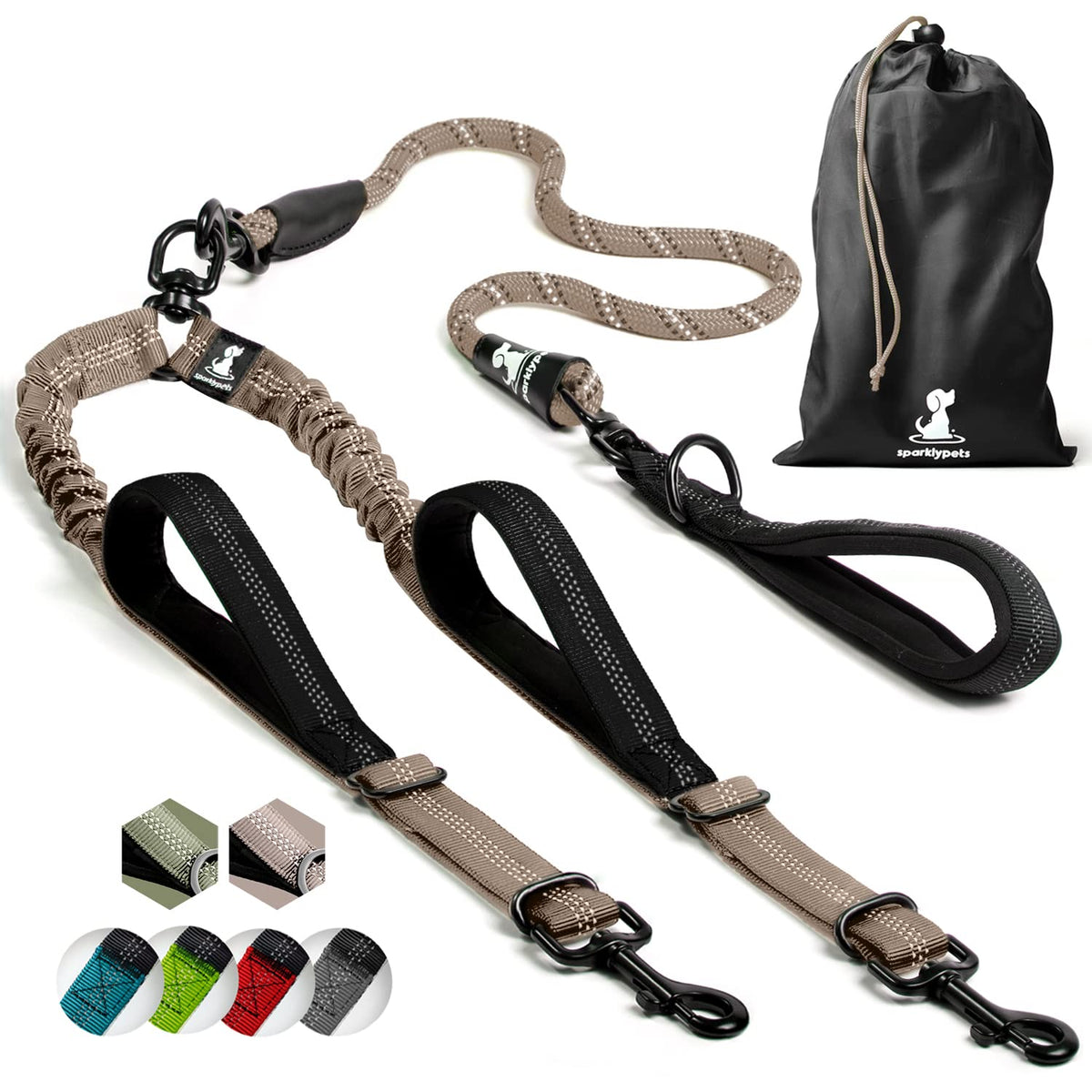 Heavy Duty Rope Bungee Leash For Large And Medium Dogs With Anti-Pull For Shock Absorption - No Slip Reflective Leash For Outside (Brown, For 2 Dogs)