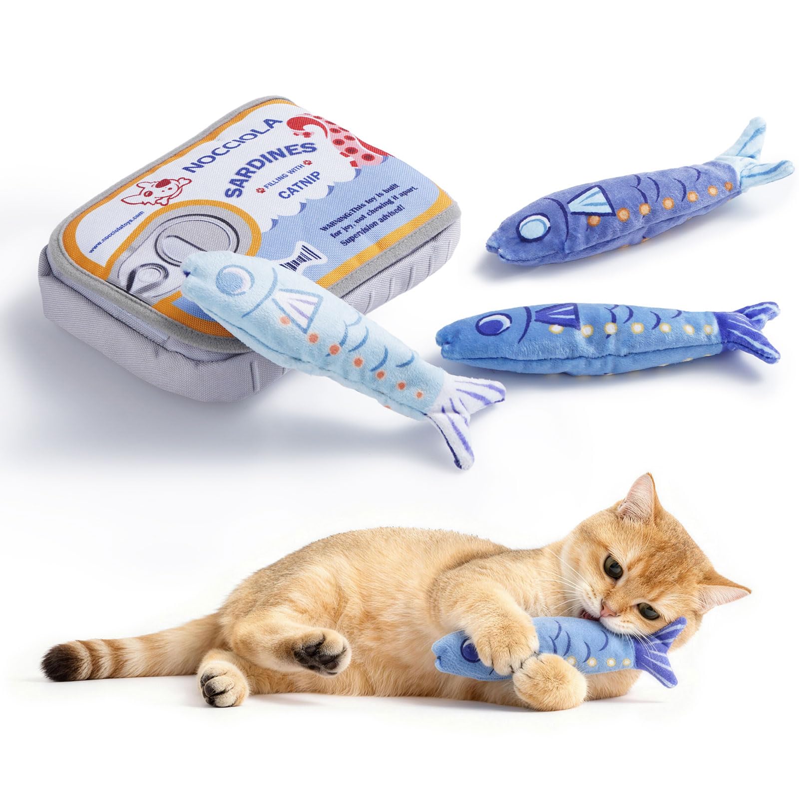 Nocciola Catnip Toys for Indoor Cats - 3 Pack Cat Toys Fish with Sardine Can Pouch, Cat Nip Toys Cat Kicker Toy with Crinkle Pap