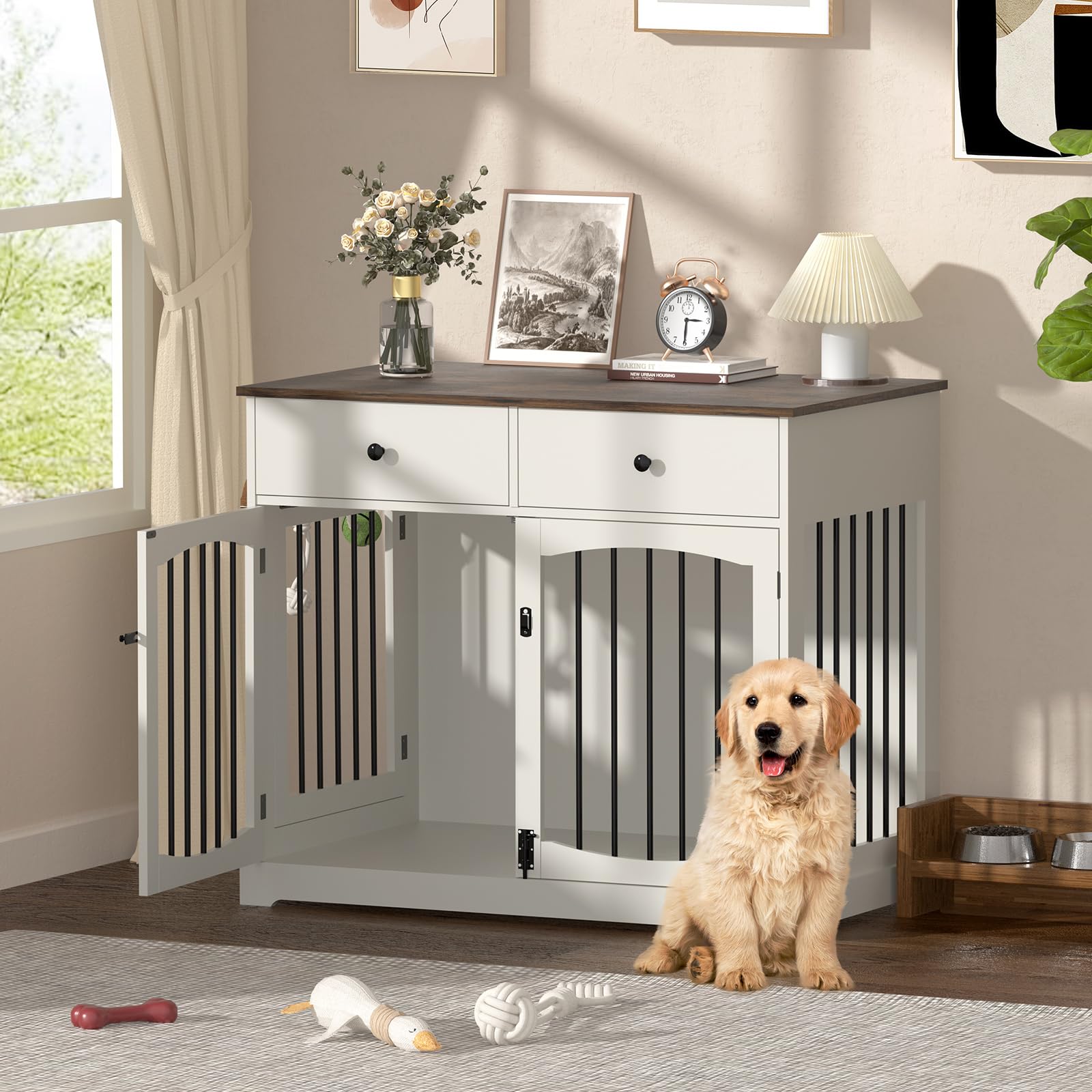 Kucreiheat 40 Inch Furniture-Style Dog Crate-Multipurpose Wood Pet Crate Furniture with Double Doors,2 Drawers, Decorative Dog H