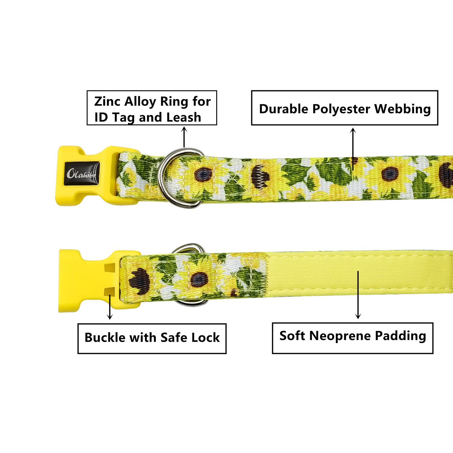 Olahibi Neoprene Padded Dog Collar, Soft And Comfortable, Floral Pattern, For Medium Dogs.(Medium, Sunflower)