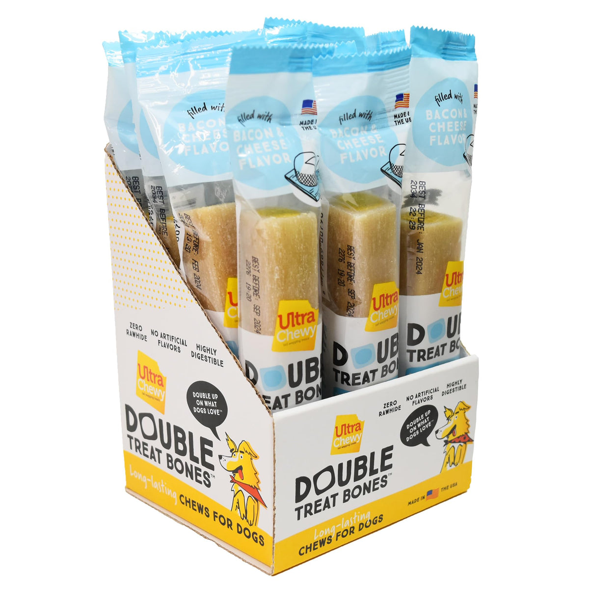 Ultra Chewy Bacon And Cheese Double Treat Bones: Long-Lasting Dog Treats Made In Usa For Large And Small Breeds, Highly Digestib