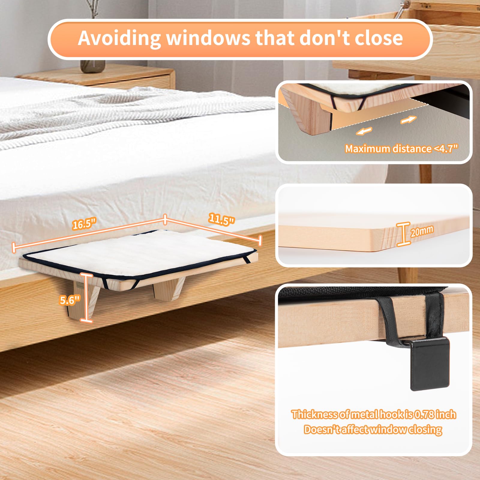 Petsfit Window Perch, Cat Hammock Window Seat With Natural Solid Wood&Removable Fleece Mat,Safety Sturdy Cat Bed For Windowsill,