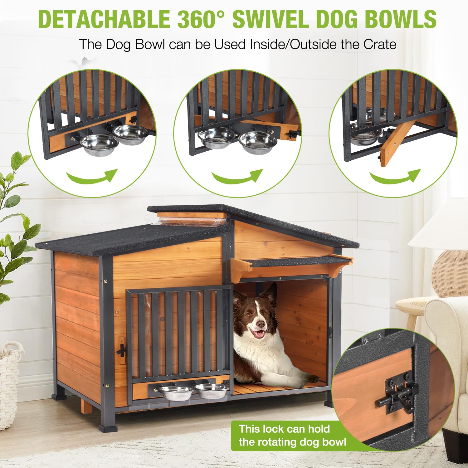 Dog House Outdoor with Bowls Weatherproof Dog Kennel with Anti-Chewing Iron Frame Dog Shelter for Small Medium Dogs