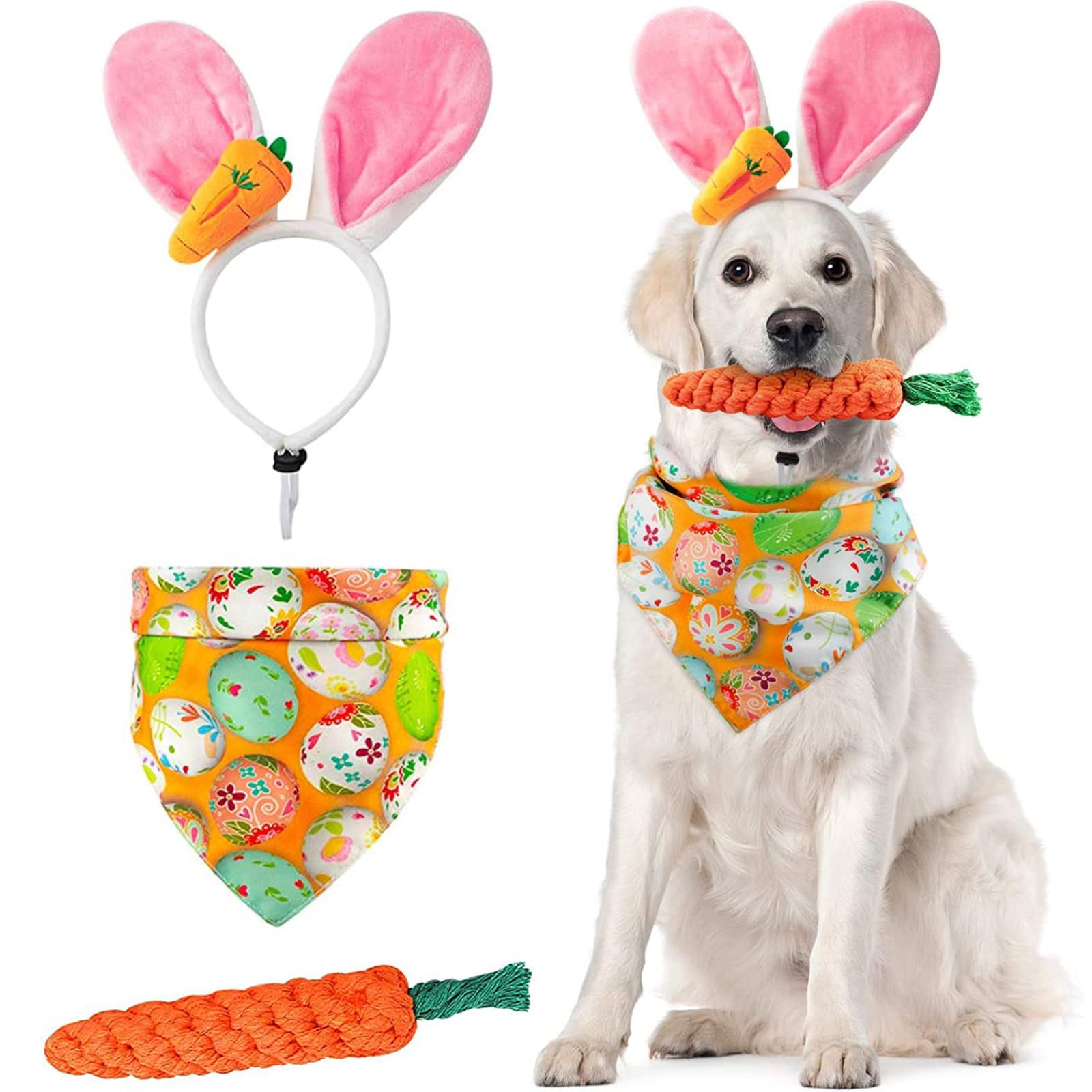 Dog Easter Bunny Costume, 3 Pack Pet Rabbit Ears Headband, Egg Dog Bandana, Carrot Dog Toy Set, Easter Dog Costumes For Small Do