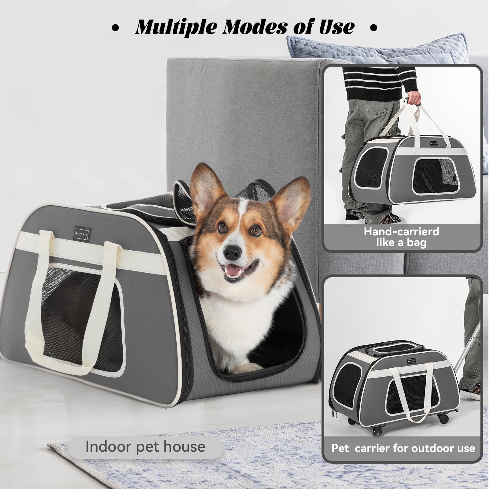 Petsfit Large Pet Carrier With Wheels Designed For 2 Small Dogs/Multiple Kittens/Medium Dogs With Adjustable Safety Rope & Water